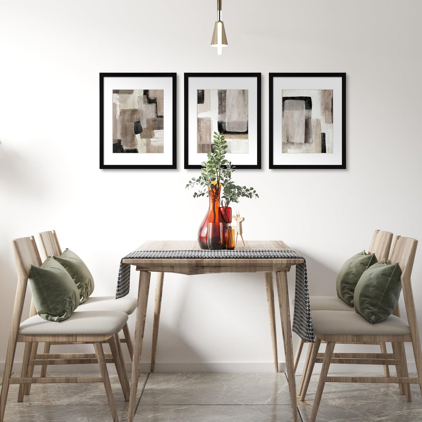 ArtbyHannah Framed Abstract Wall Art 3 Pack 11x14 IN with Brown Black Tan Blocks Prints for Wall Decor with Black Frames 29x36 cm, Extra Art Prints of Botanical Included