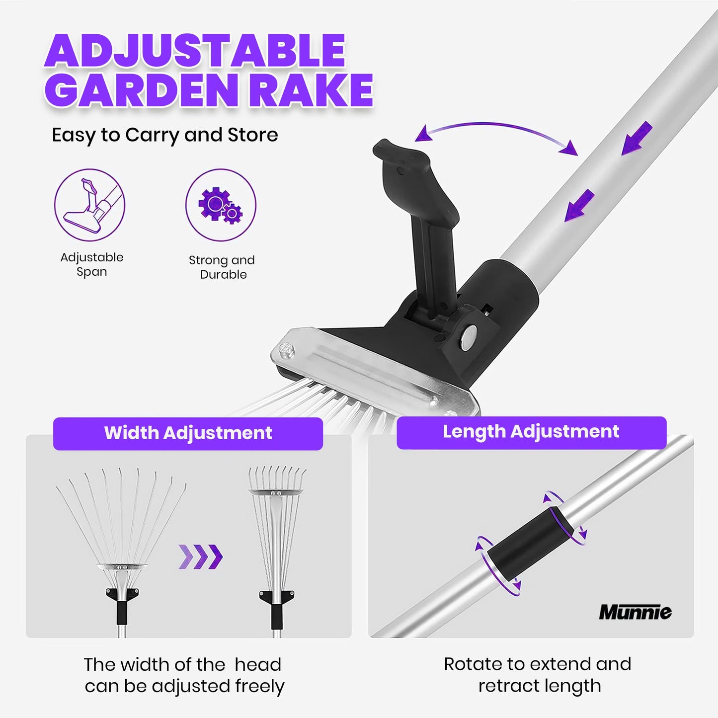 - Munnie 38-63 inch Garden Rake | Adjustable Soil Rake with 25 tines | Moss Rake for Quick Clean Up -