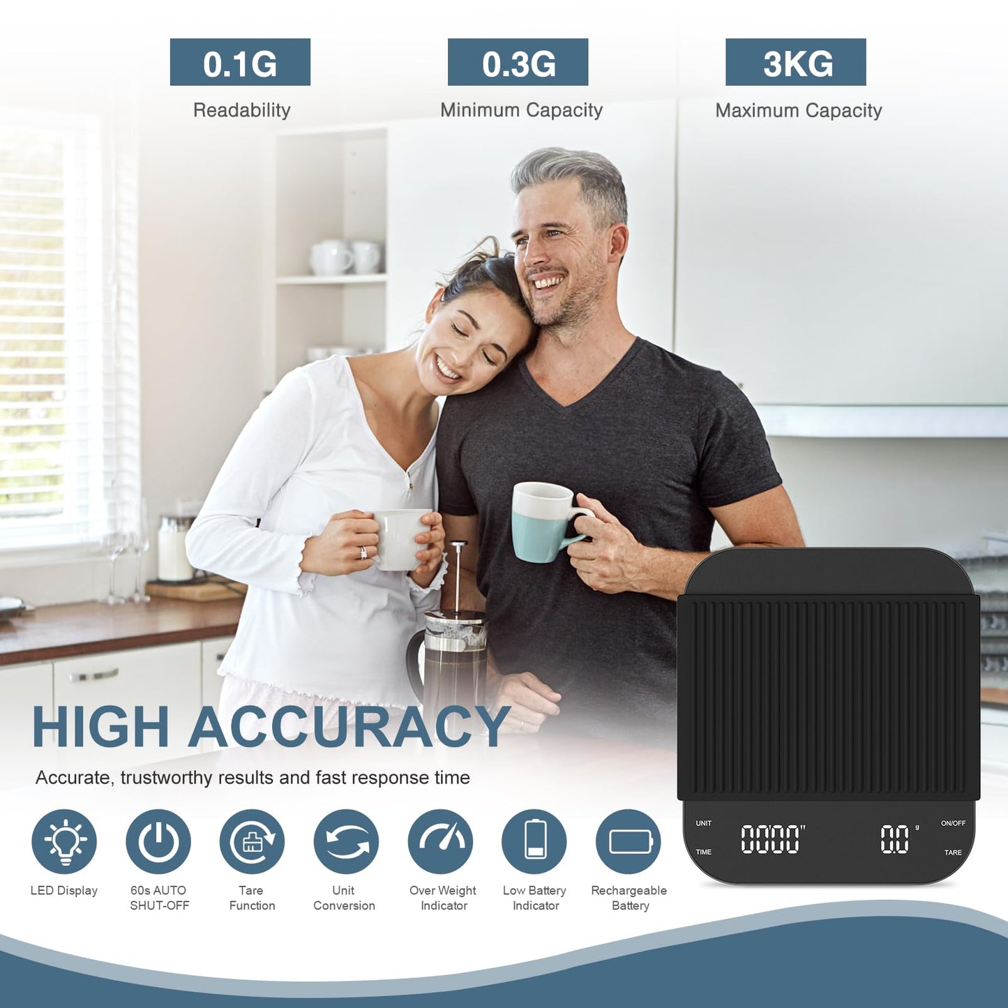 Ankilo Coffee Scales, 3 kg/0.1 g Digital Kitchen Coffee Scales with Timer High Precision Sensor, USB Rechargeable LED High Display Espresso Scale Compatible with Various Brewing Methods