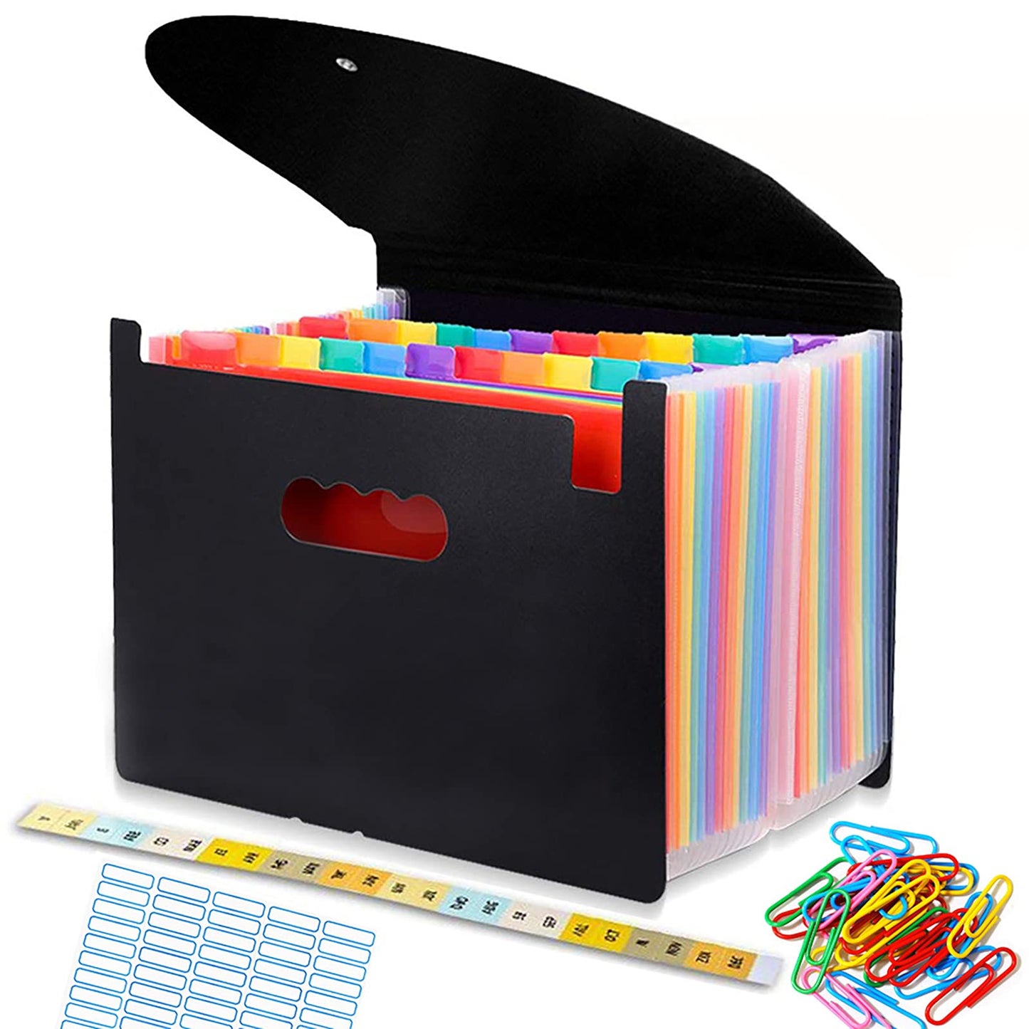 - File Organiser | A4 Document Organiser 24 Pockets | Twill Expanding Accordion Filing Folders | File Storage Box with Lid | Labels and Clips (Black-C) -