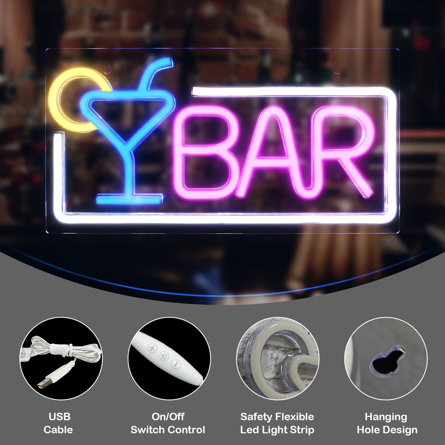Bar Neon Light Signs for Home Bar, Neon Signs for Wall Decor, Led Neon Light Beer Cocktail USB Powered with Dimmer & Switch, Light Up Neon Wall Signs for Pub Bistro Man Cave Party Gifts, 16.5"×8.7"