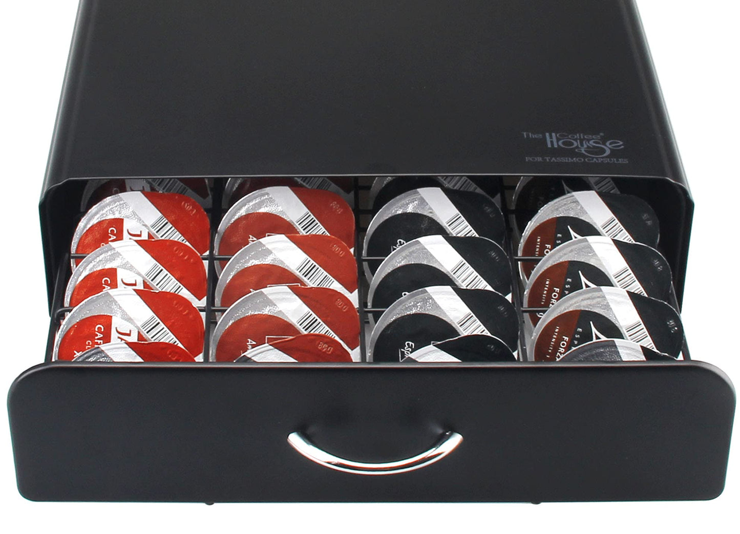 - Ever Rich ® Tassimo Pod Holder | 64pcs | T-Disc Coffee Capsules | Bosch Tassimo Stand & Pod Storage Drawer | Anti-Vibration Design I Comes With a Micro Fiber Cleaning Cloth (Metal/Black) (64) -