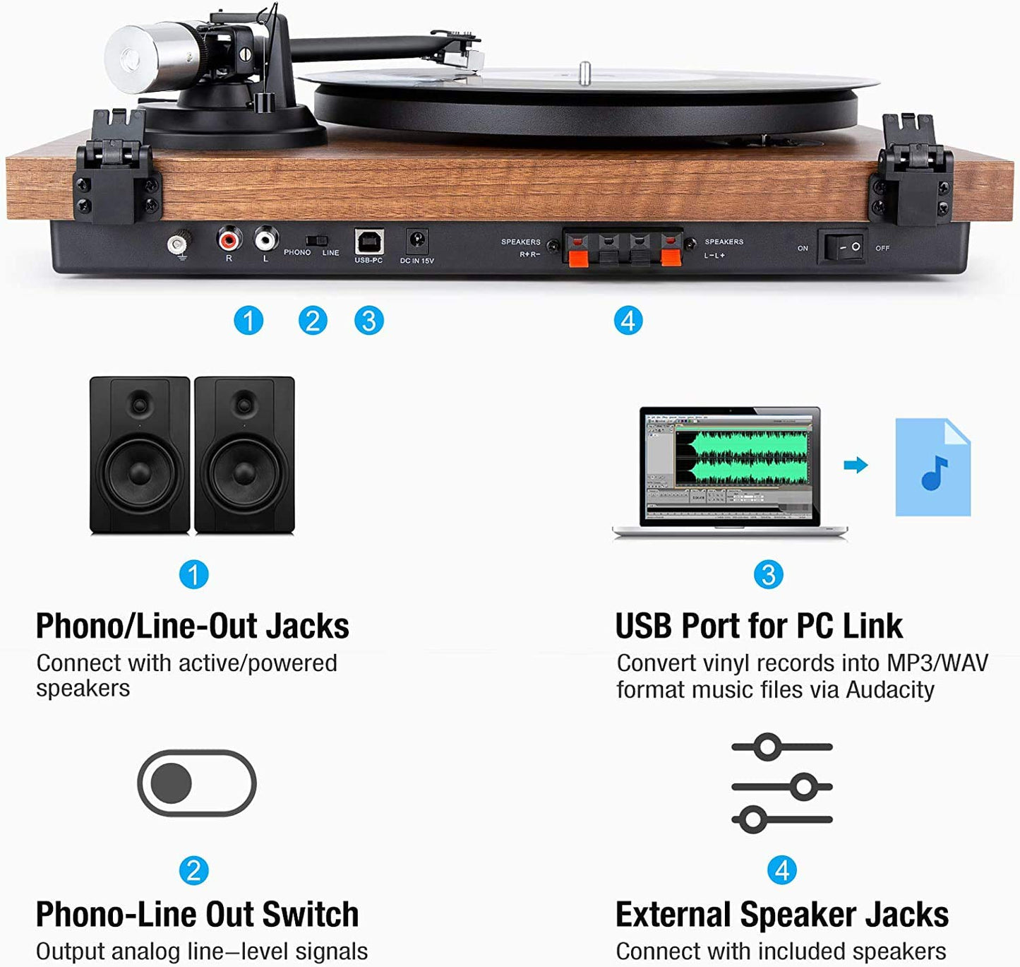 - 1 BY ONE Bluetooth Turntable Hi-Fi System with 36 Watt Bookshelf Speakers, Vinyl Record Player with Magnetic Cartridge