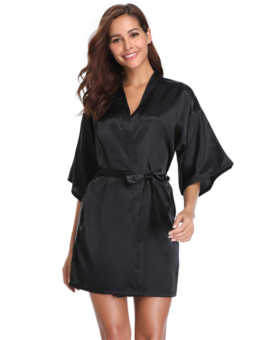 - Vlazom Women's Kimono Robes Dressing Gown Satin Bathrobe Nightdress Pure Colour Short Style with Oblique V-Neck -