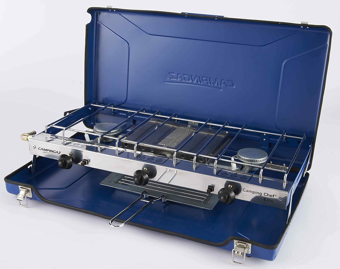 Campingaz Chef Folding Double Burner Stove and Grill, compact gas cooker for camping or festivals, Blue