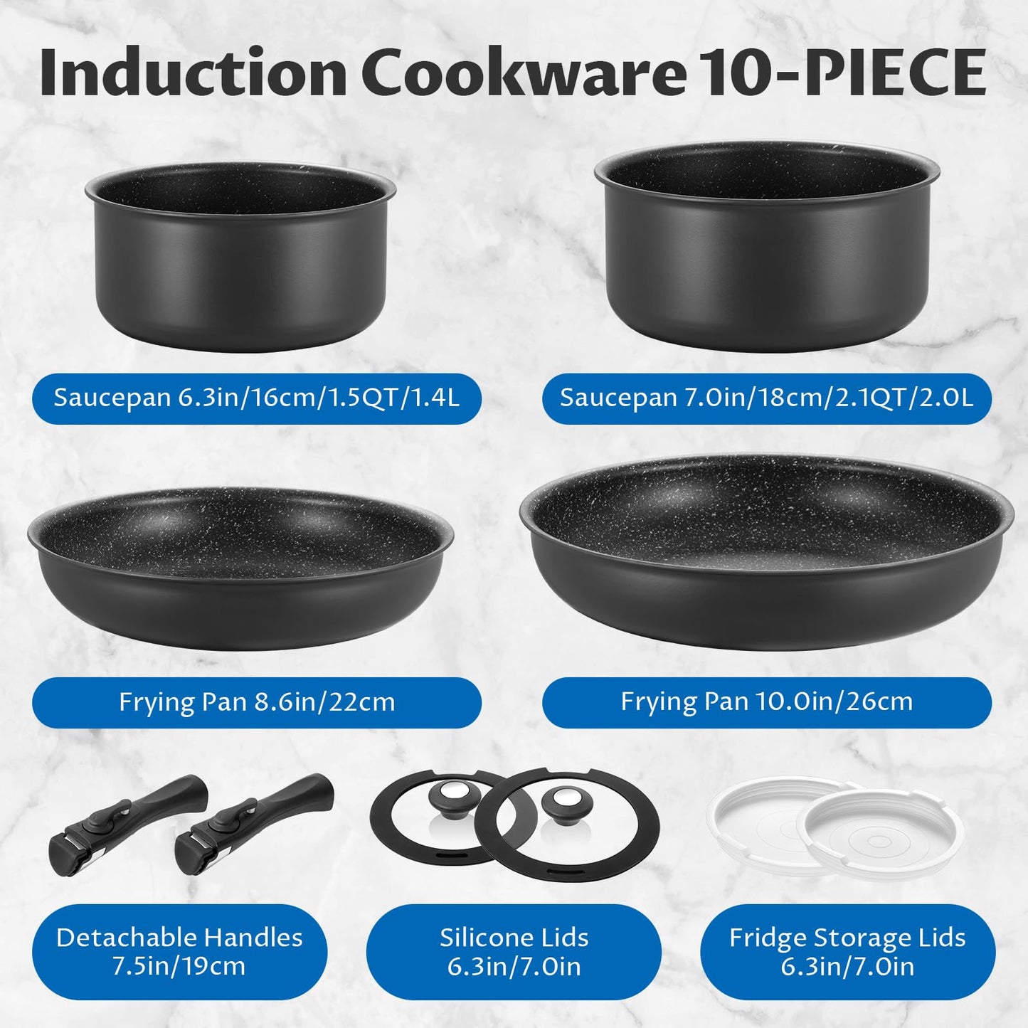 BEZIA Induction Hob Pans Set, Nonstick Pots and Pans Set 10 Pieces, Saucepan Sets with Detachable Handles, Stackable Cookware Set for All Hobs