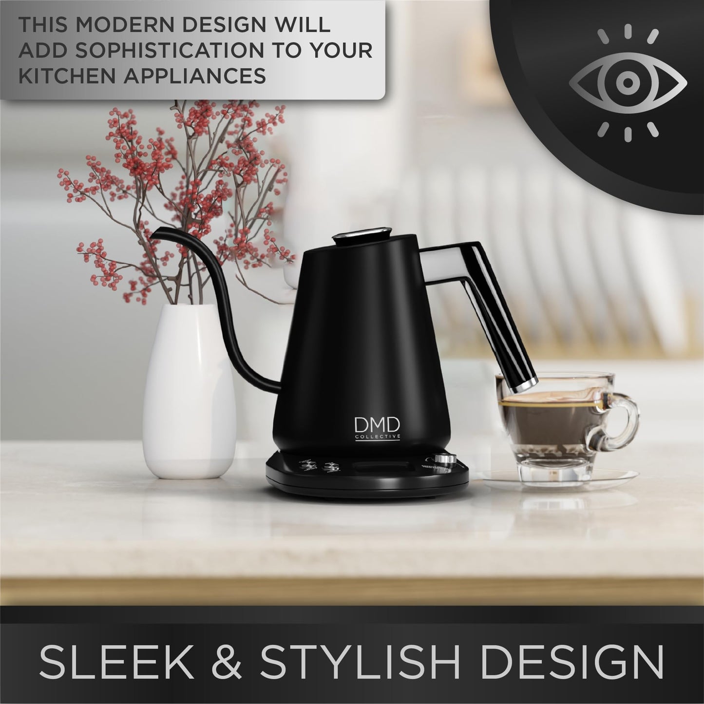 - DMD® | Electric Gooseneck Kettle Digital Display | Pour-Over Kettle, 8mm Spout | Coffee and Tea Kettle 1L Energy-Efficient | 40-100°C Temp Control -