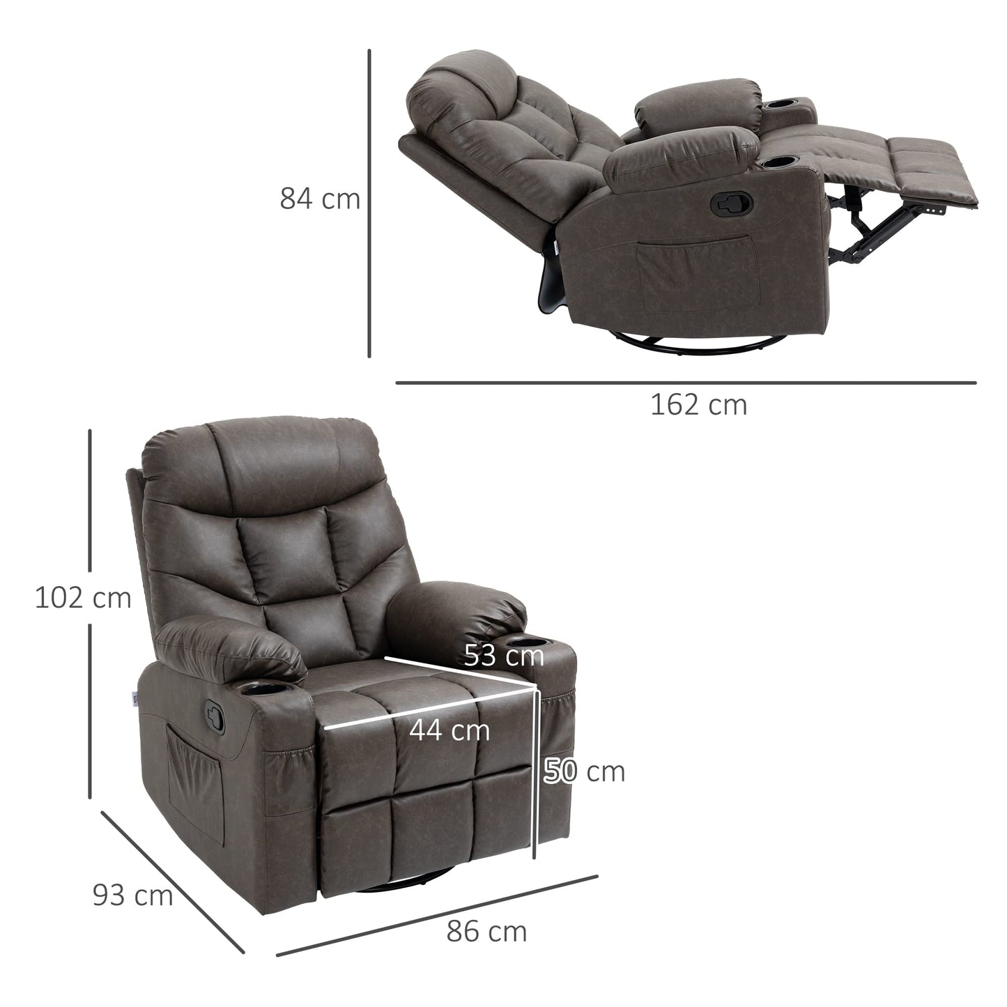- HOMCOM Manual Recliner Chair | Overstuffed PU Leather Recliner Armchair | Footrest | Cup Holders | Side Pockets | 360° Swivel -