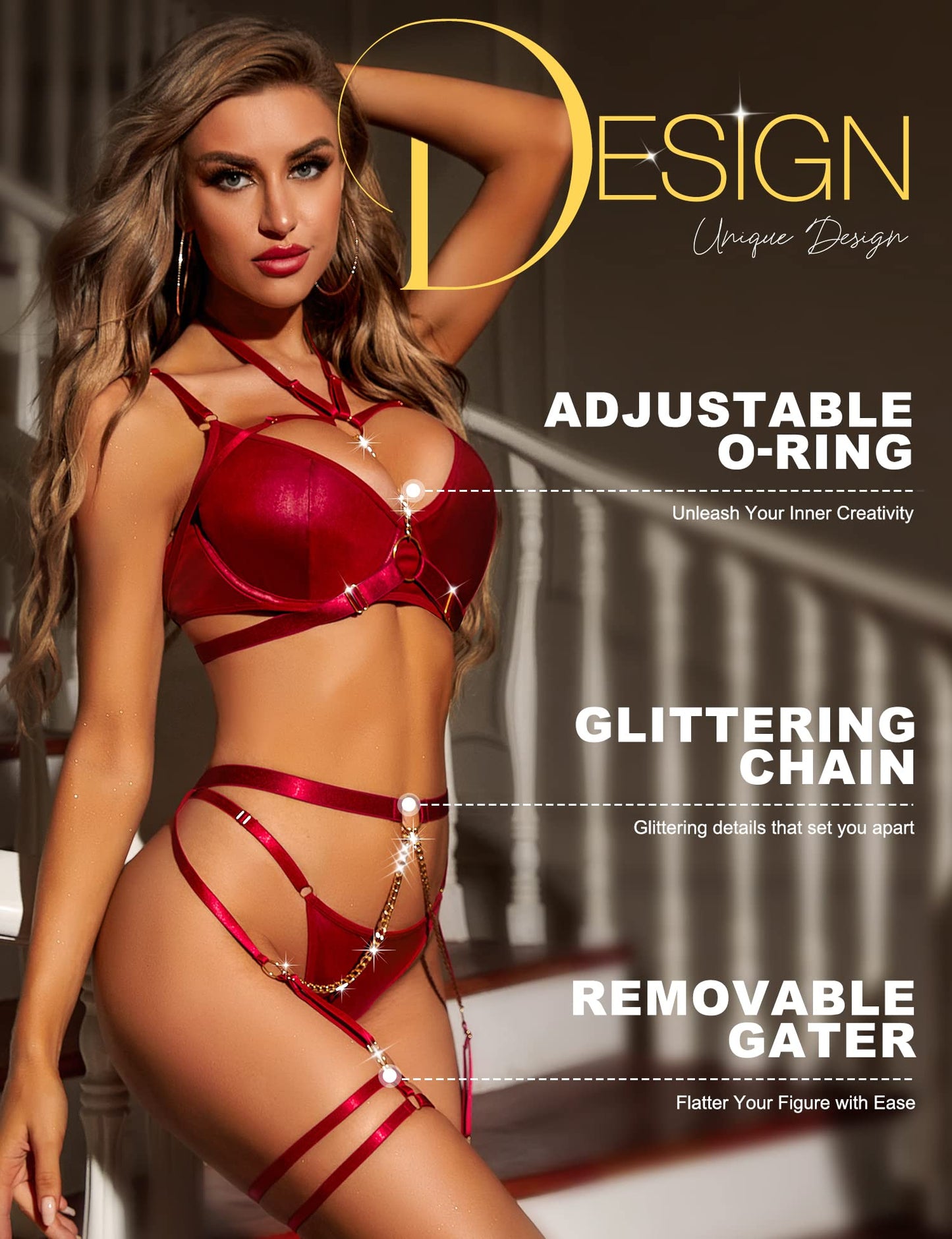 - RSLOVE Women's Lingerie Set With Garter Belts | 6 Piece Sexy Strappy Bra and Panty Set | Red | Small -