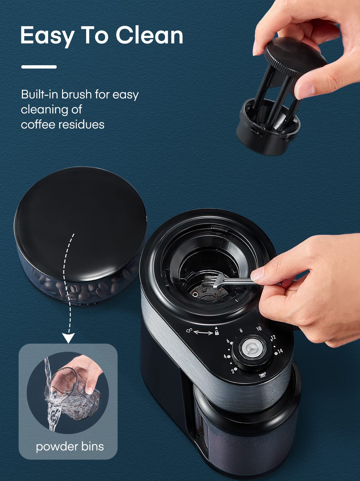 Burr Coffee Grinder Electric, FOHERE Coffee Bean Grinder with 18 Grind Settings, 2-14 Cup, 200W Coffee Grinder for Drip Coffee/French Press, 250g Capacity, with Brush Easy to Clean, Black