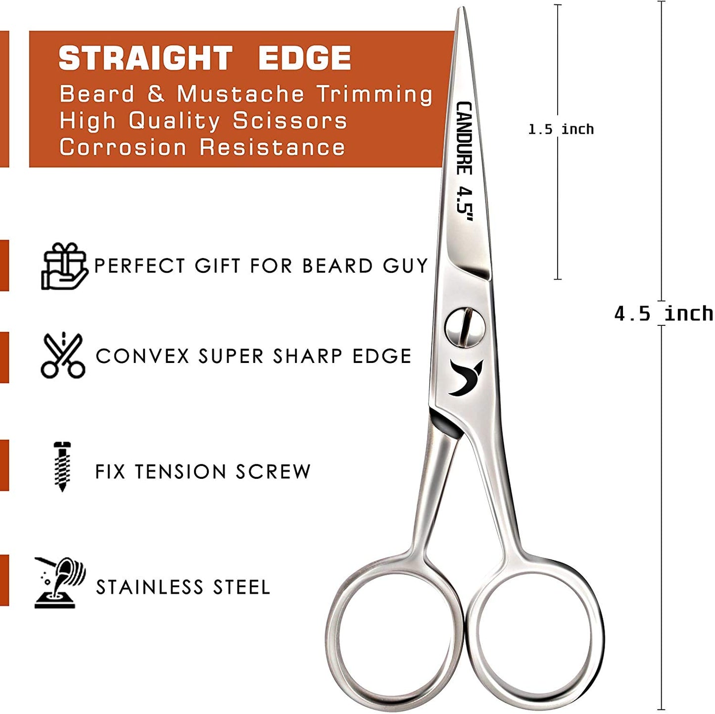 Candure Beard Scissors Professional Moustache Scissors Ear and Nose Hair Trimming Scissors Stainless Steel, Safety Use for Eyebrows, Eyelashes, and Ear Hair