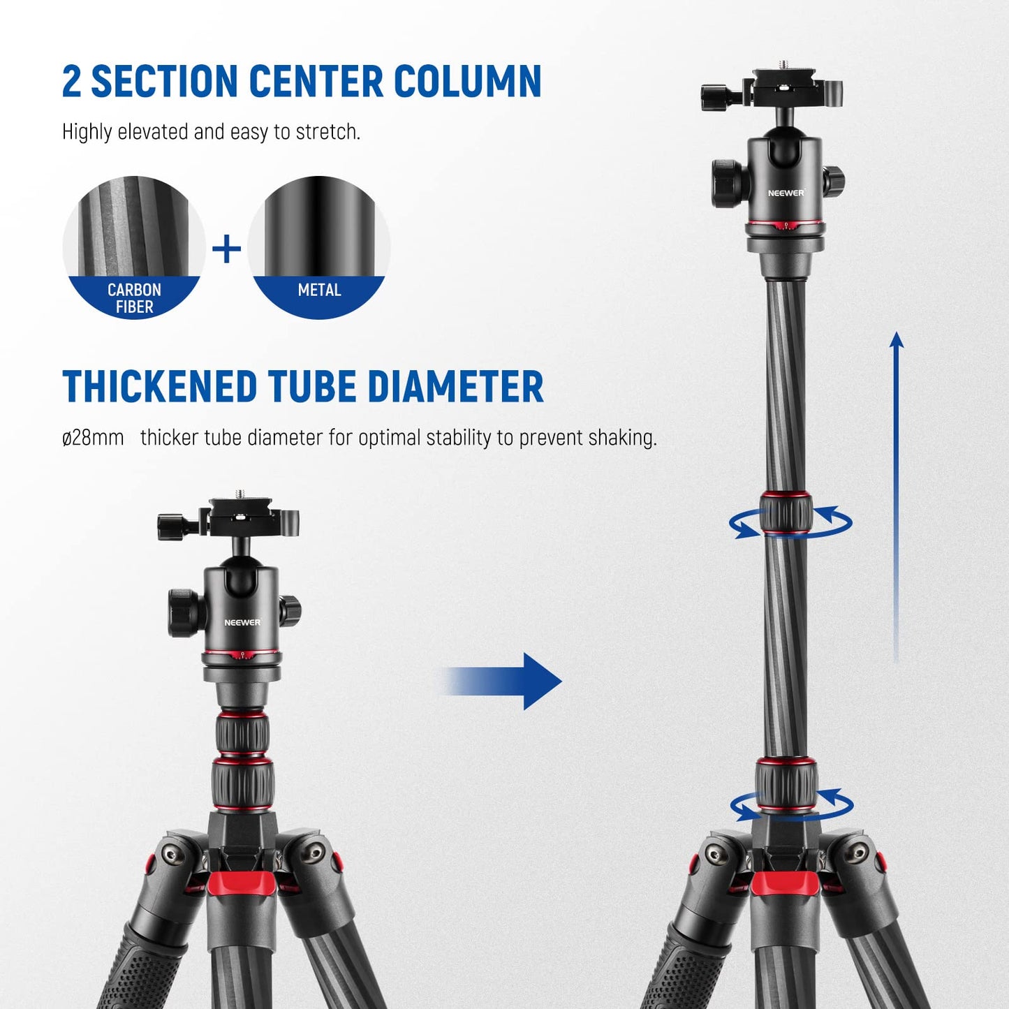 - NEEWER Carbon Fiber Camera Tripod With Telescopic 2 Section Center Axes | 360° Panorama Ballhead -