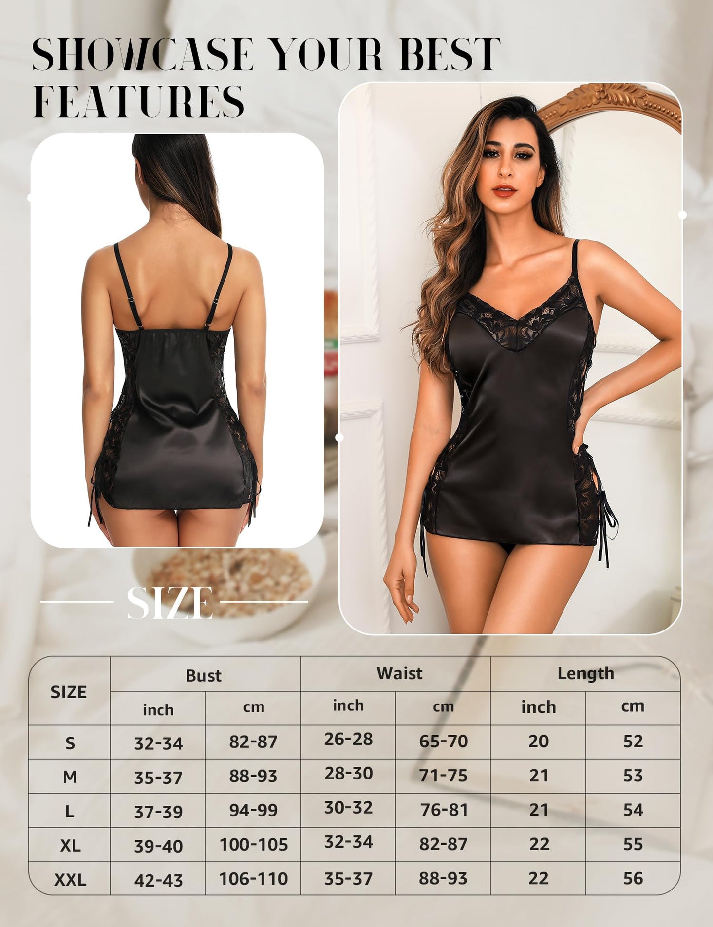 - RSLOVE Women Lingerie Babydoll Silk Sleepwear | Black -