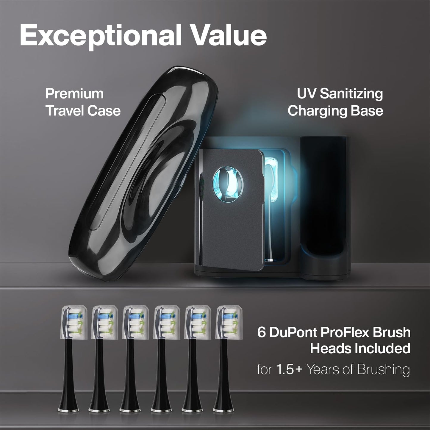 Aquasonic Black Series PRO Ultra Whitening Toothbrush w UV Sanitizing Base 4 Modes & Smart Timers UV Sanitizing & Charging Travel Case Electric Tooth Brush 6 Proflex Brush Heads