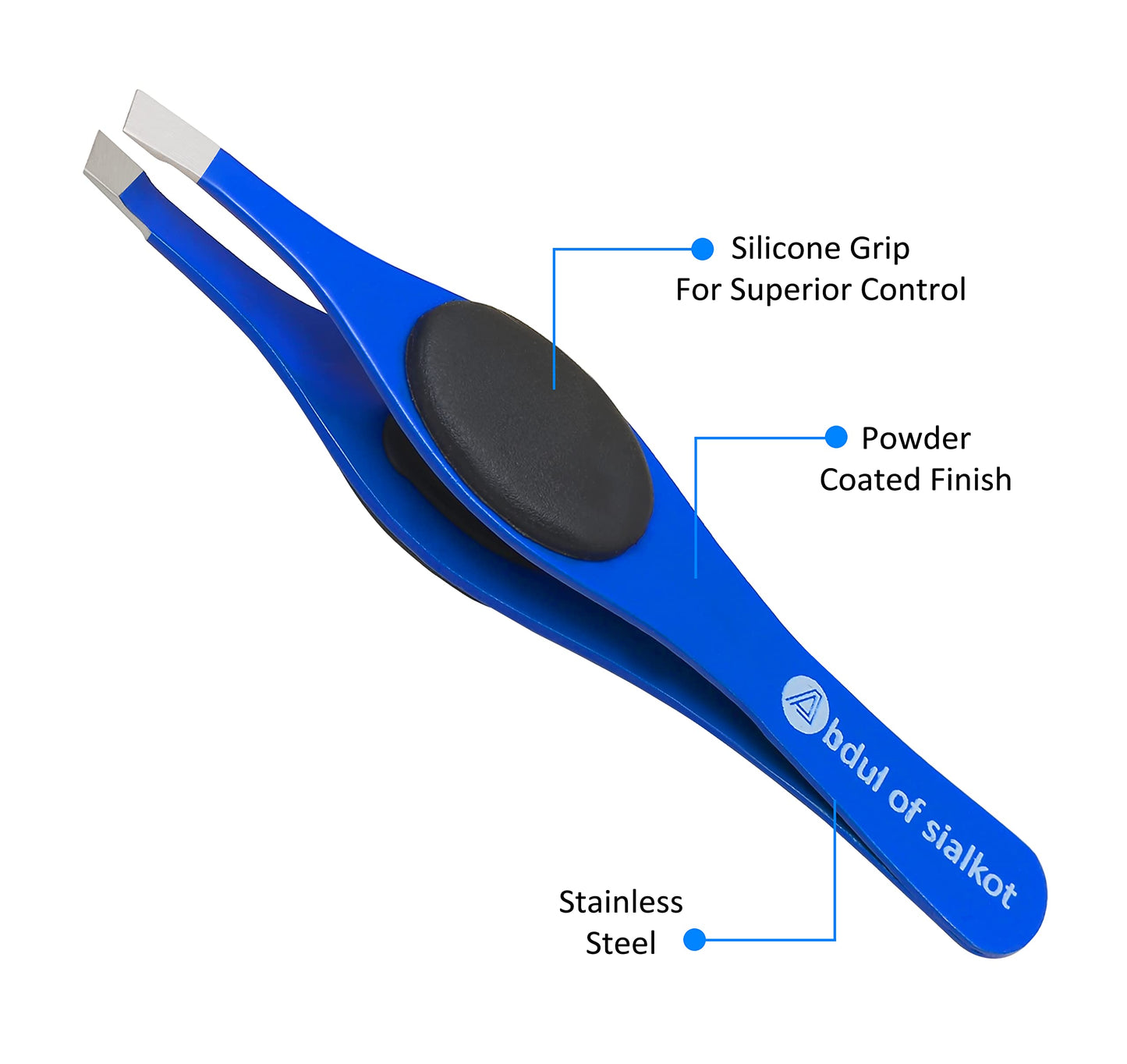 Abdul of Sialkot Tweezers for Women & Men - Tweezers Precision Engineered Stainless Steel - Fine & Ingrown Hair Tweezers, Non Slip, Sharp & Slanted Pack of 1 (Blue)