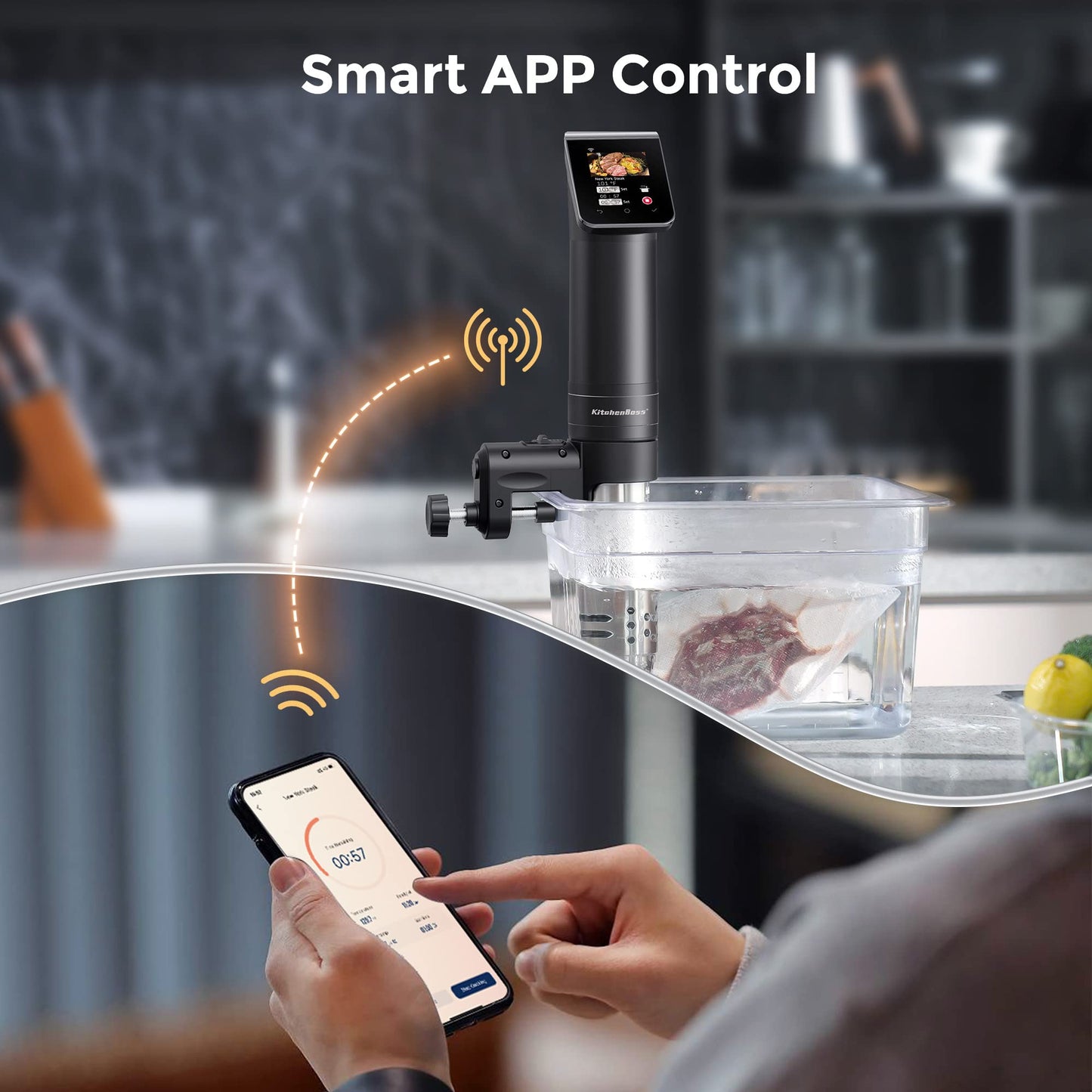 - KitchenBoss Sous Vide Machine WIFI Precision Cooker | 1100 Watts App Temperature Control 40°C-90°C | IPX7 Immersion Circulator -