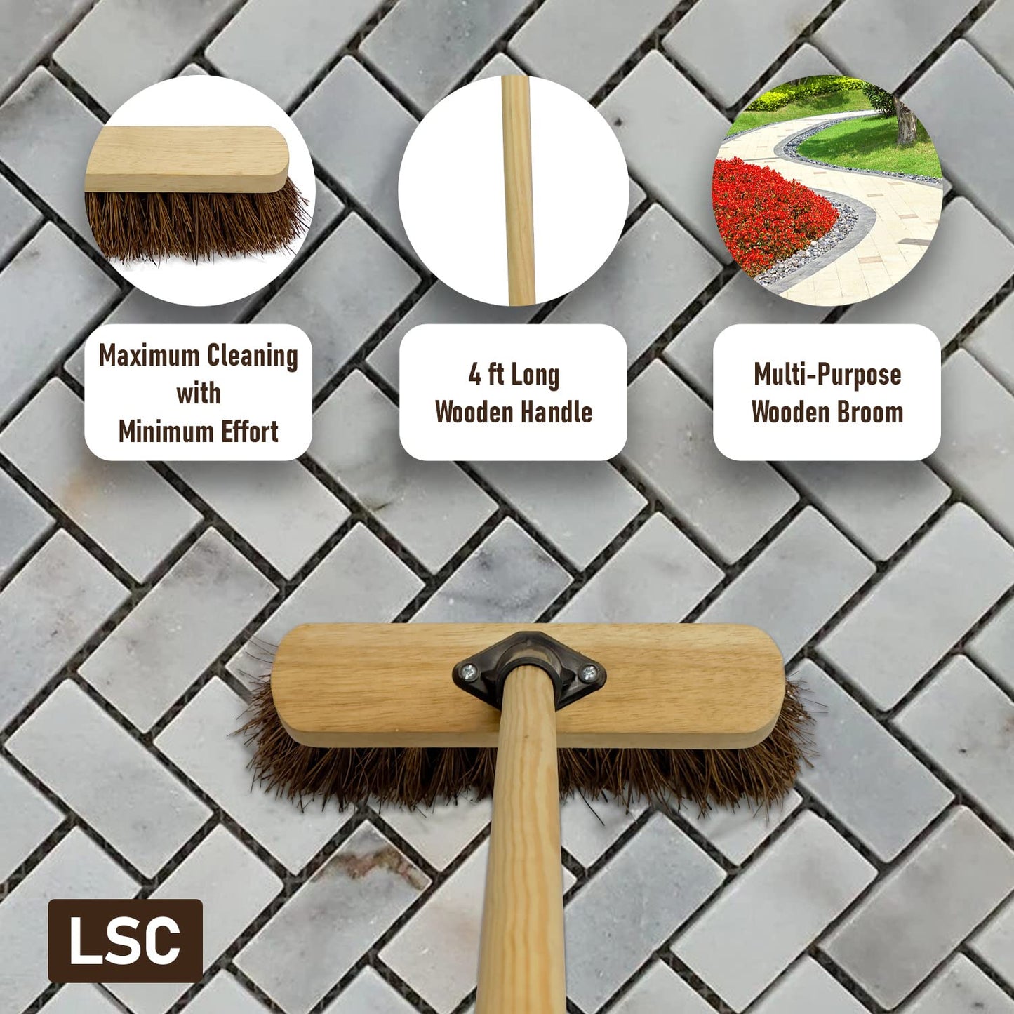 - LSC 10” Broom | Outdoor Yard Broom | Stiff Sweeping Brush | Wooden Handle -