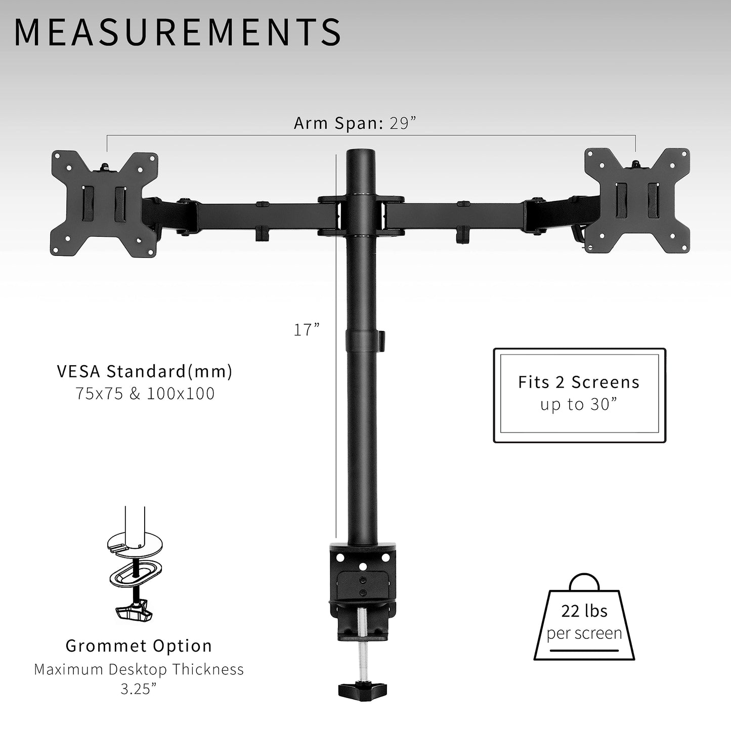 - VIVO Dual Monitor Desk Mount, Heavy Duty Fully Adjustable Steel Stand, Holds 2 Computer Screens up to 30 inches and Max 10 kg each, Black, STAND-V002 -