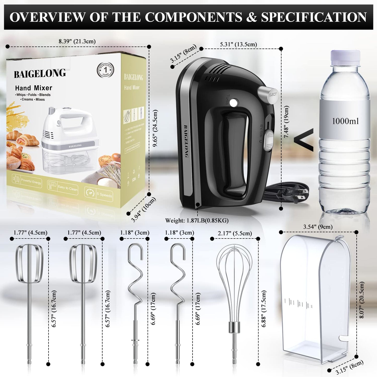 BAIGELONG Hand Electric Mixer, 300W Ultra Power Food Kitchen Mixer with 5 Self-Control Speeds + Turbo Boost, 5 Stainless Steel Attachments Handheld Mixer for Baking, BLACK