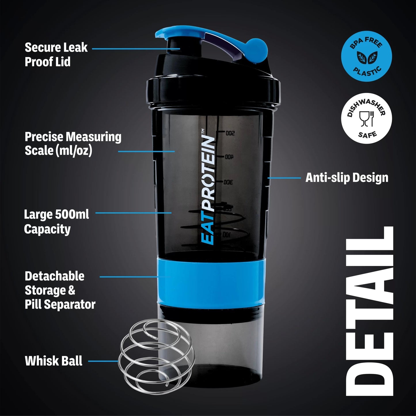 - EatProtein 500ml Protein Shaker Bottle | 2 Detachable Powder Containers -