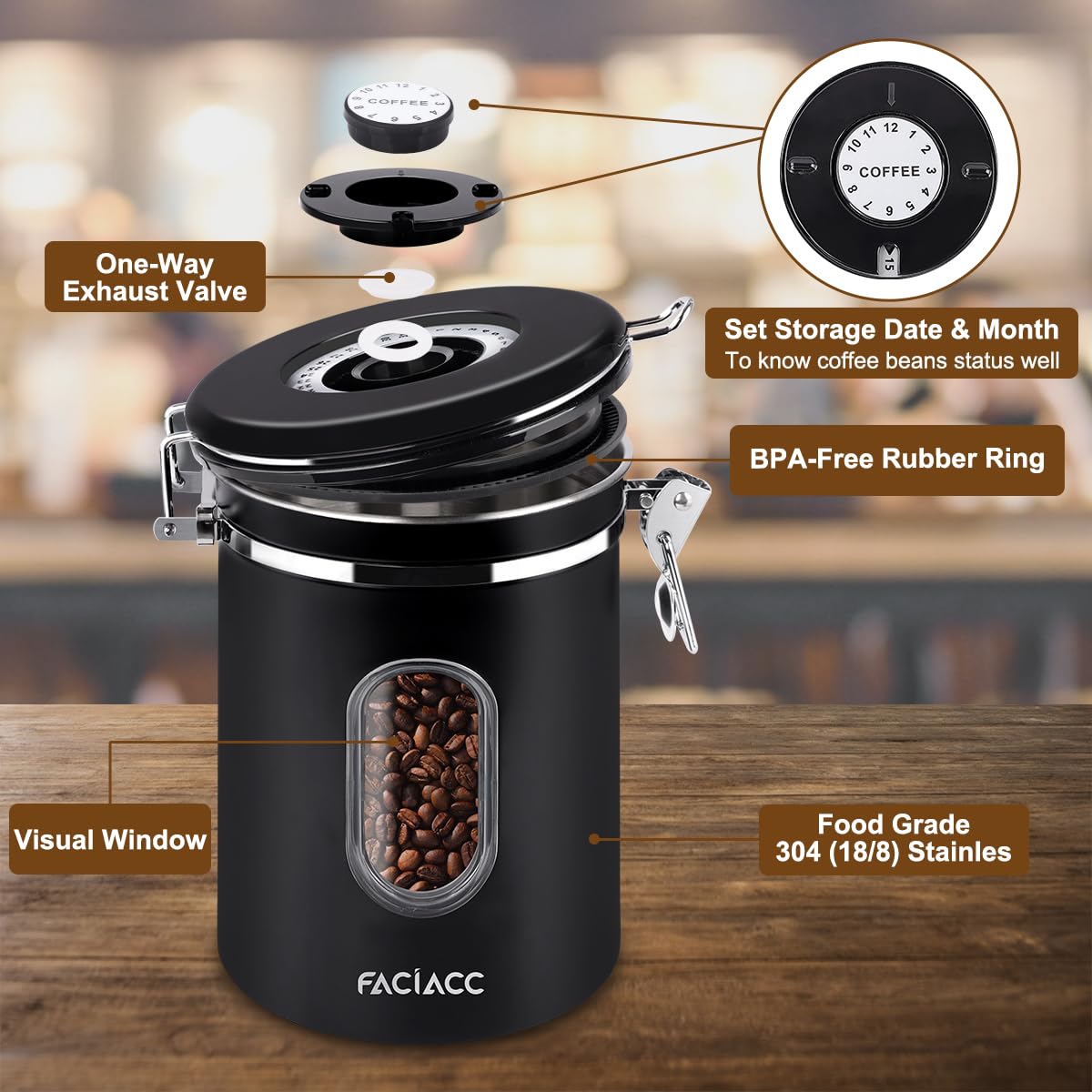 - FACIACC Airtight Coffee Canister | 1800ML Stainless Steel Coffee Container with Measuring Scoop & Date Tracker Food Storage Container -