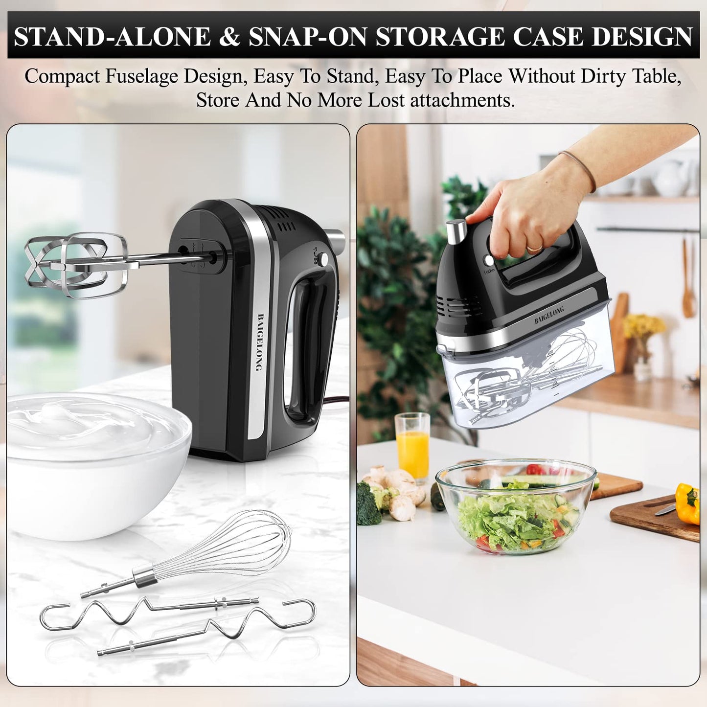 BAIGELONG Hand Electric Mixer, 300W Ultra Power Food Kitchen Mixer with 5 Self-Control Speeds + Turbo Boost, 5 Stainless Steel Attachments Handheld Mixer for Baking, BLACK