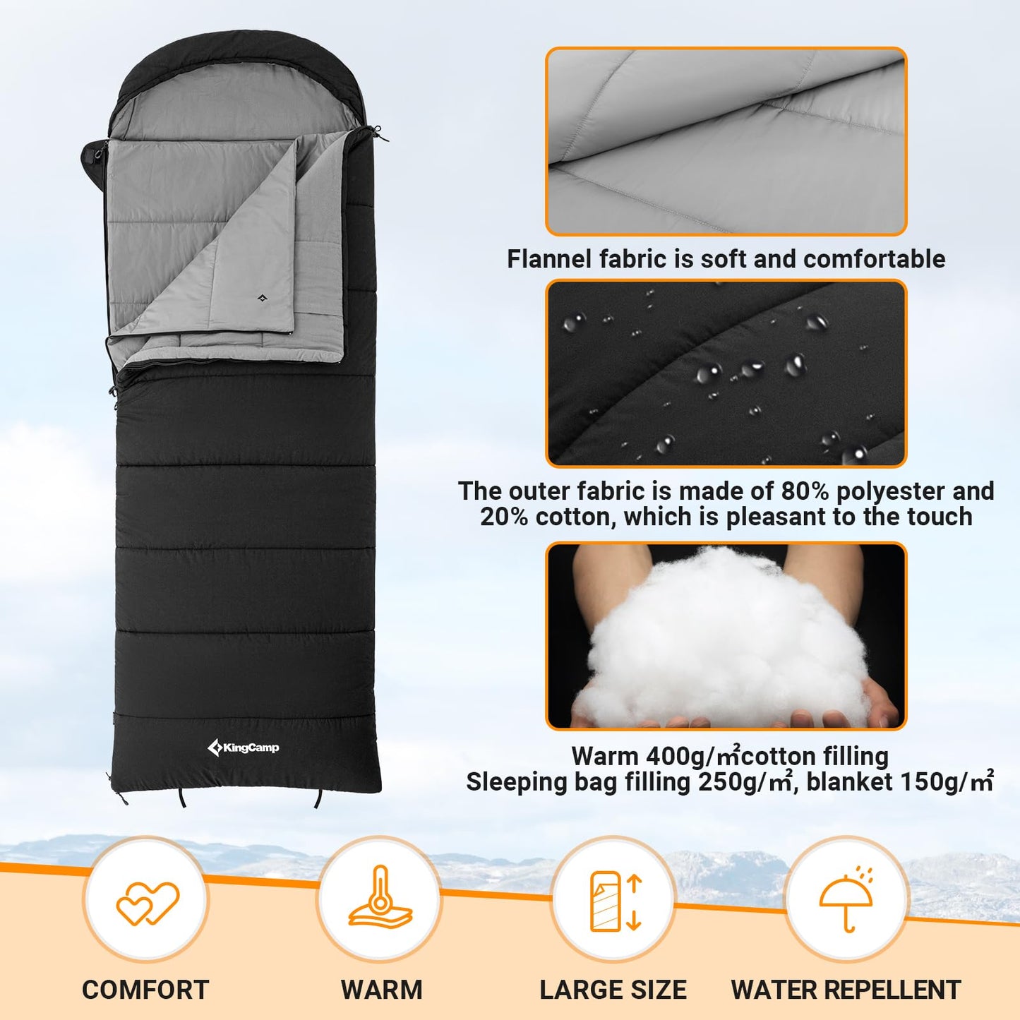 - KingCamp 4 Season Flannel Sleeping Bag For Adults | Warm & Cool Weather XL Wide -