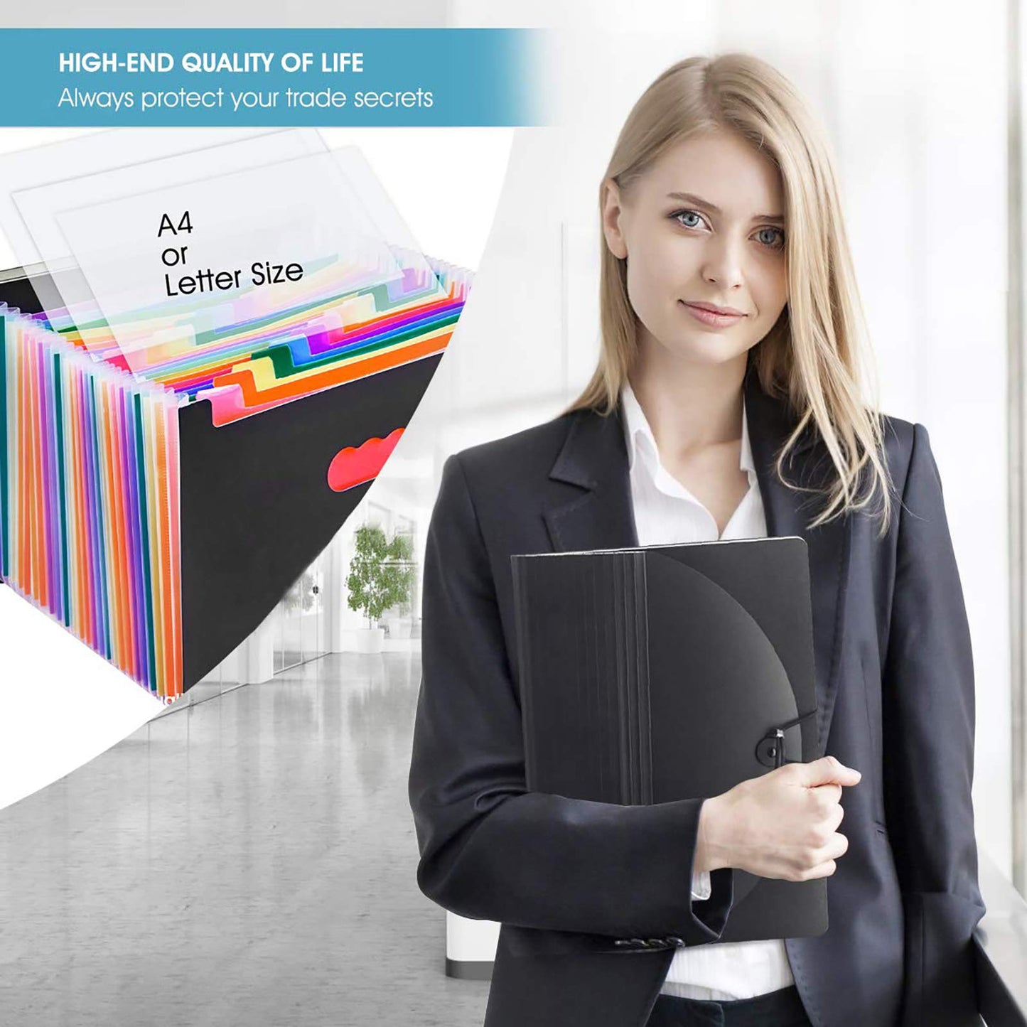 - File Organiser | A4 Document Organiser 24 Pockets | Twill Expanding Accordion Filing Folders | File Storage Box with Lid | Labels and Clips (Black-C) -