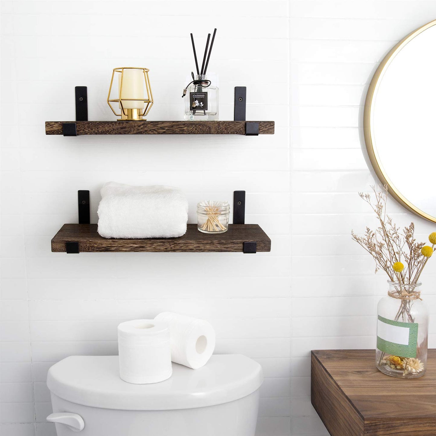 - Mkouo Floating Shelves | Rustic Wall Mounted 60cm Wooden Shelves -