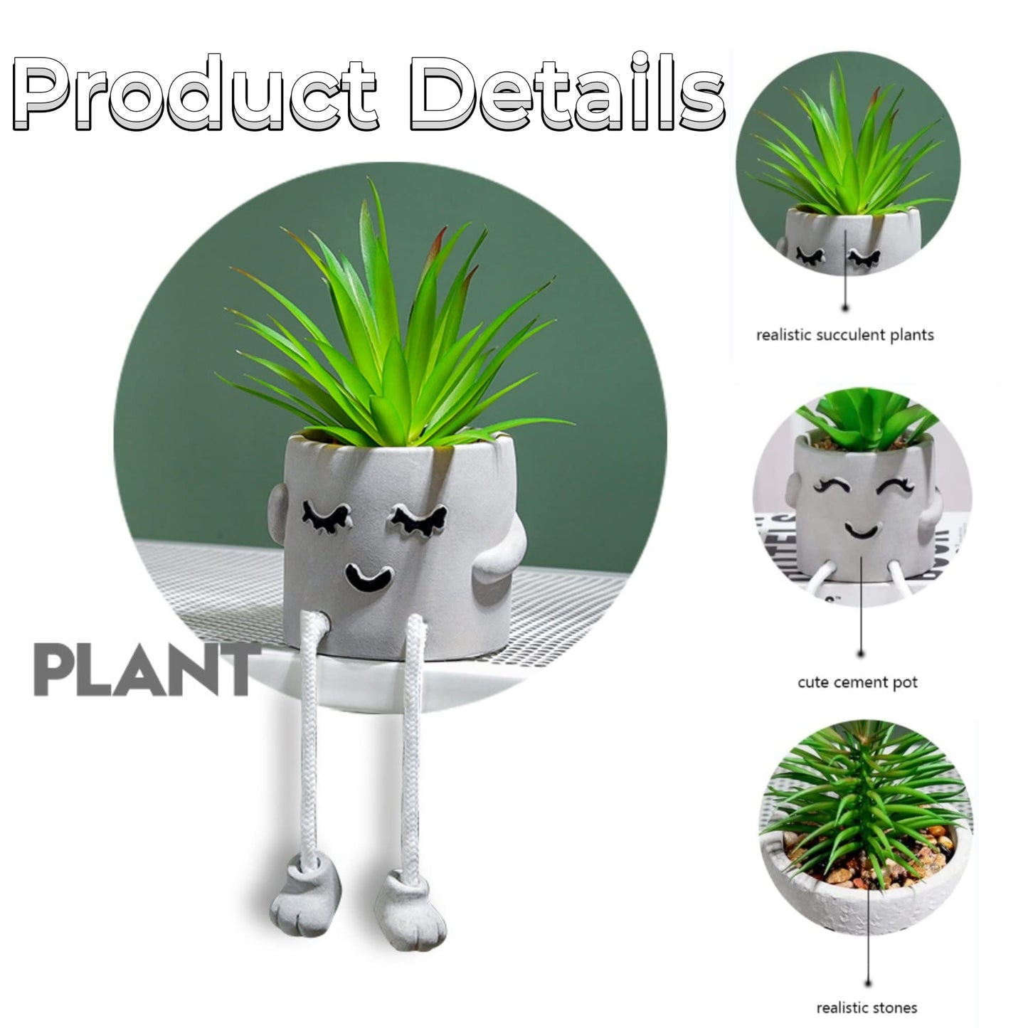 Artificial Plants Indoor, Fake Succulent Plants with Hanging Leg, Plant Pots with Creative Emotional Cement, Faux Plants Home Decor for House Office Bedroom Living Room Table Desk Shelf (2Pcs)