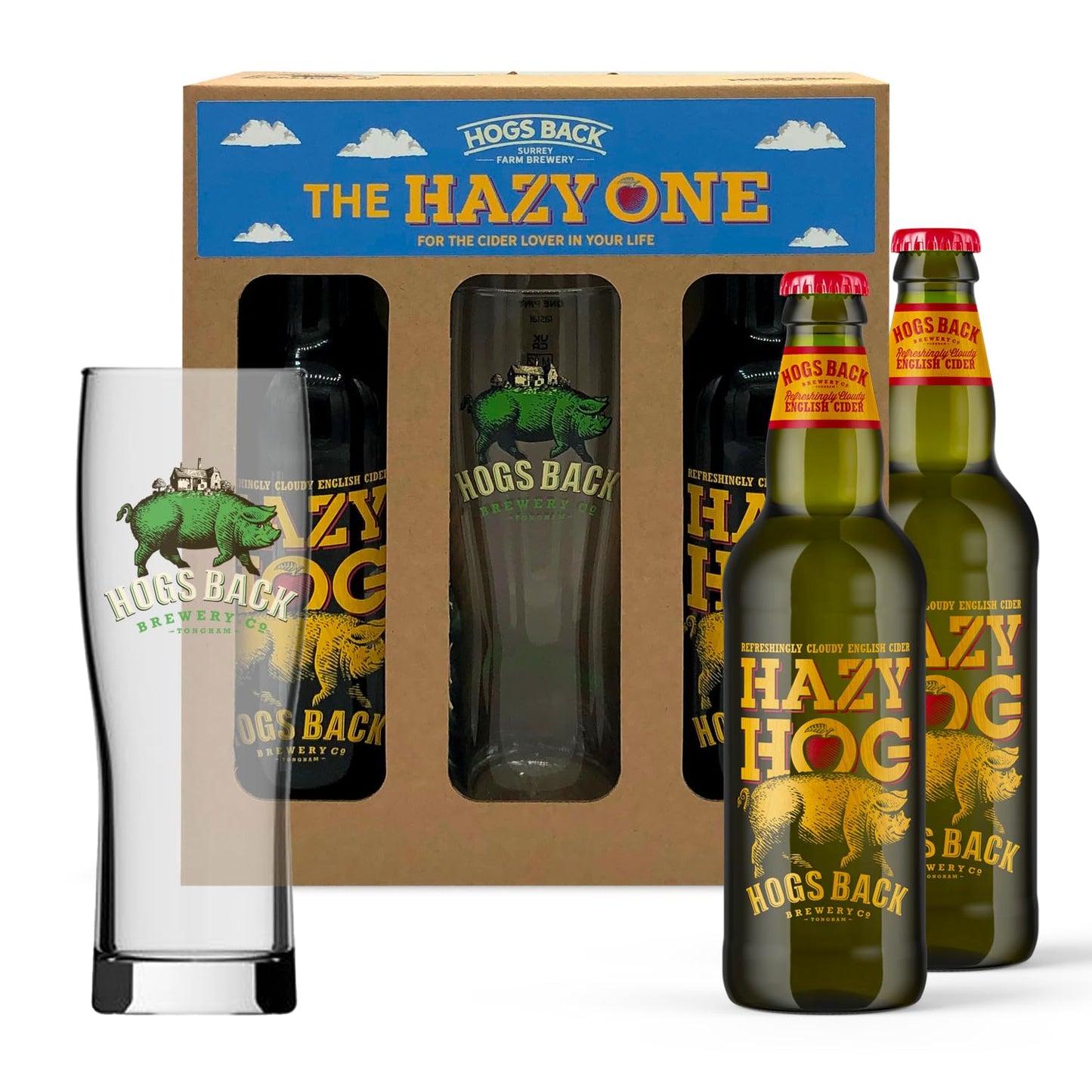 - HOGS BACK BREWERY Bottle Cider Gift Set with Cider Glass | Hazy Hog Cider | 5% | 2 x 500ml Bottles -