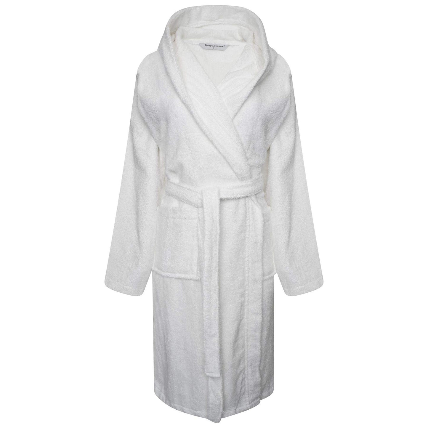 Daisy Dreamer Womens Robe Luxury Terry Towelling 100% Cotton Dressing Gown Bathrobe Highly Absorbent Ladies Hooded Bath Wrap, White 12-14