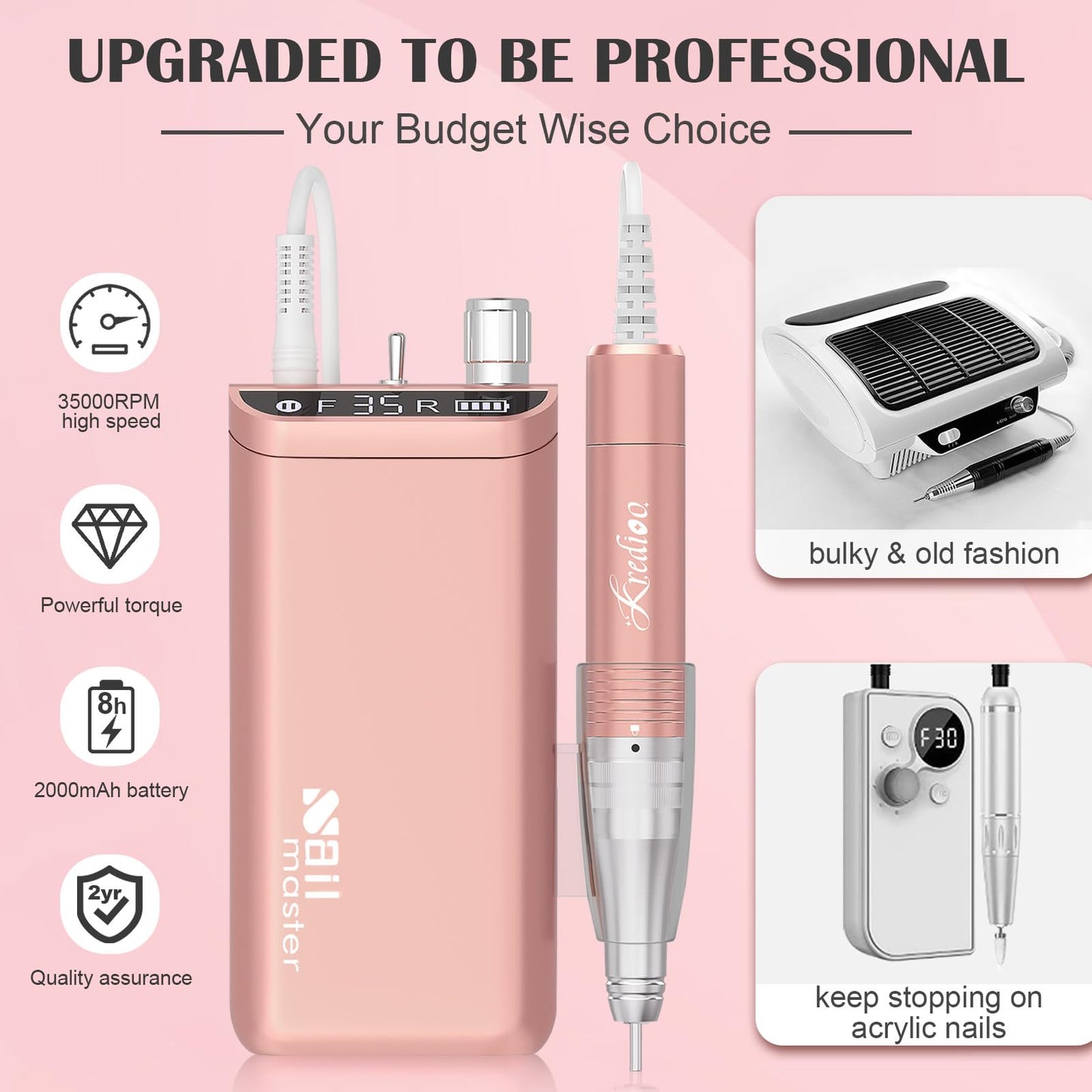 - Kredioo 350000RPM Nail Drill | Rechargeable Electric Nail Files for Acrylic Gel Nail -