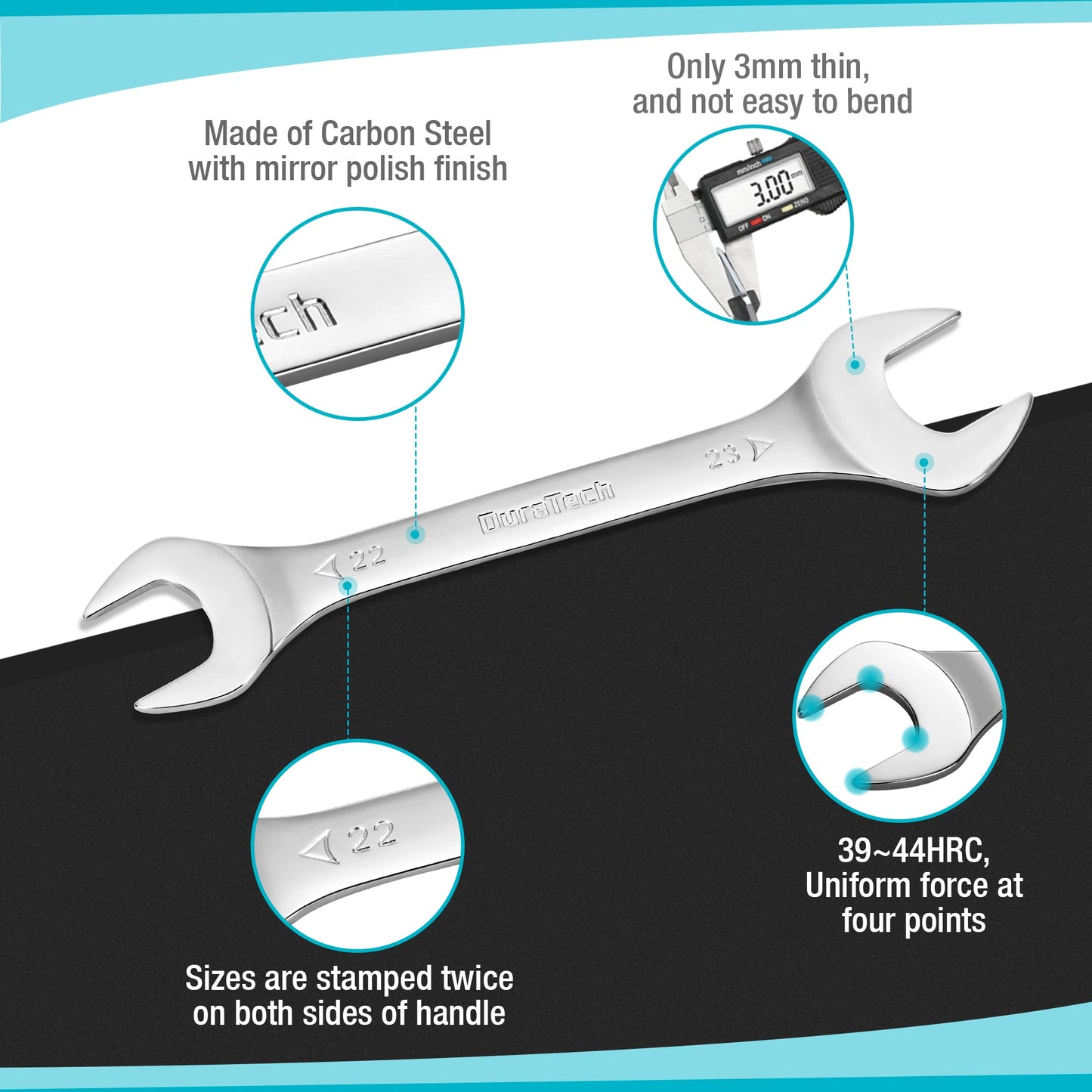 - DURATECH Double Open End Spanner Set | Super-Thin Open Ended Wrench Flat Spanner Set for Narrow Space | Carbon Steel, Mirror-Chrome Plated | 8-Piece | Metric | 5.5 mm-27 mm | Carry Pouch -