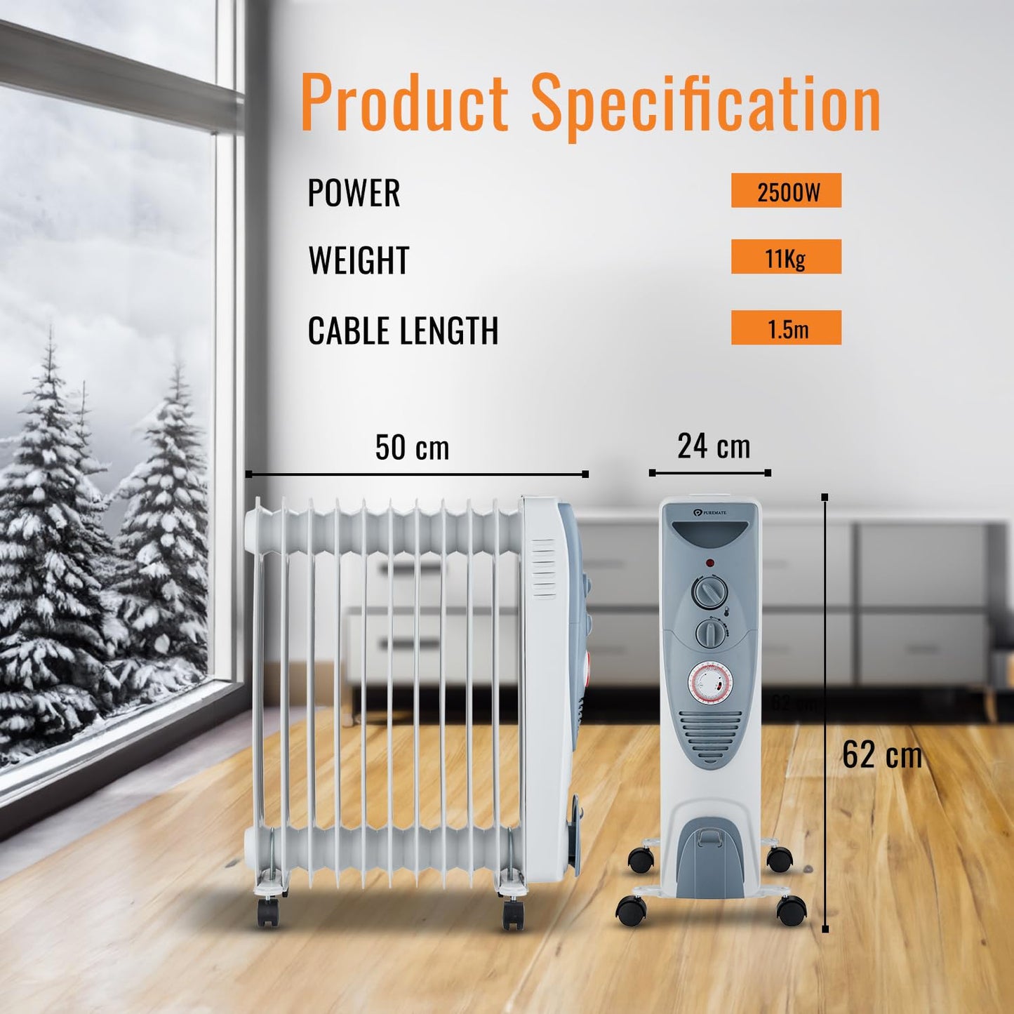 - PureMate Oil Filled Radiator | Portable Electric Heater | Adjustable Temperature and Thermostat -