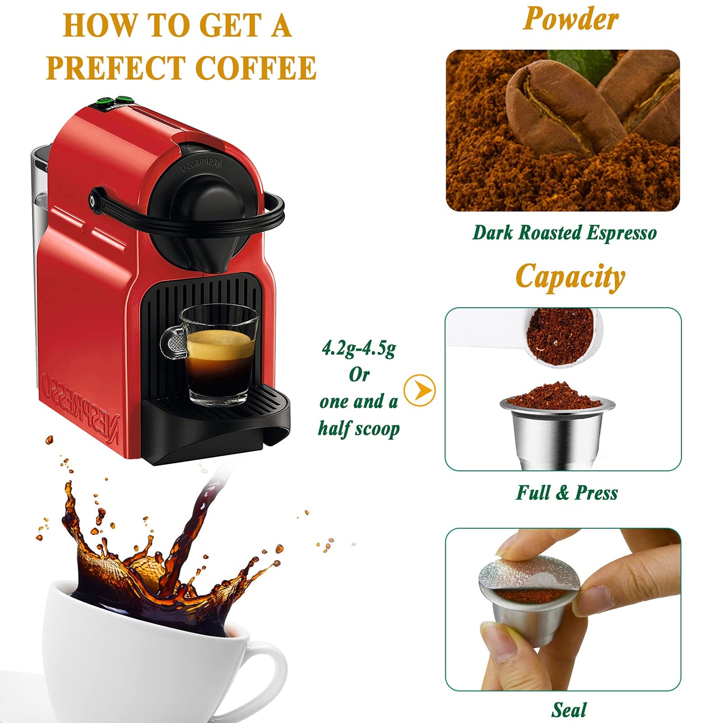 CAPMESSO Reusable Espresso Capsules Refillable Coffee Pod Stainless Steel Cups Compatible with Nespresso OriginalLine Brewer (2 Pods+100 Lids)