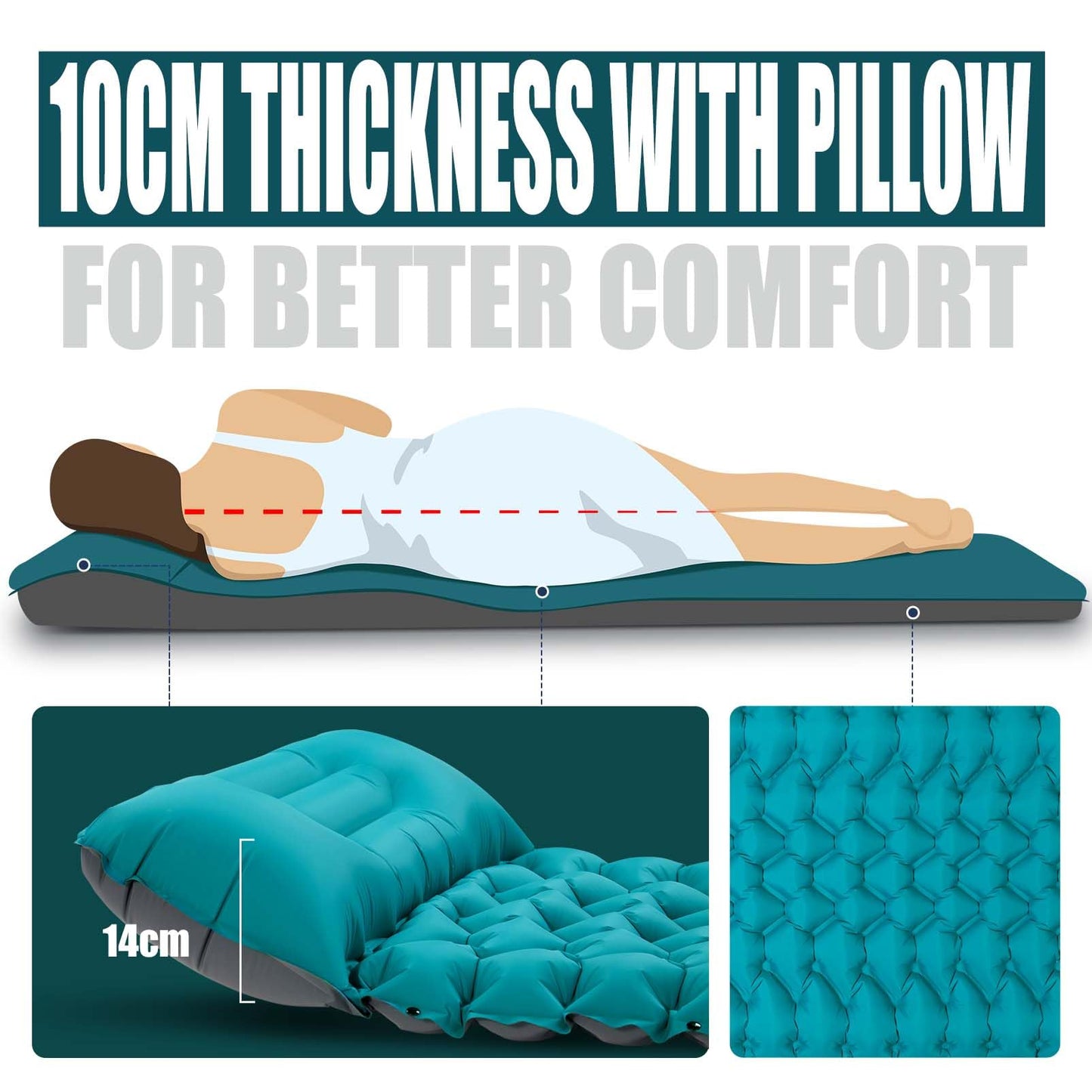 Camping Sleeping Self Inflating Mat: 10cm Thick Lightweight Single Camp Air Bed & Connectable Double Camping Pads & Compact Inflatable Roll Camping Mattress for Outdoor Hiking Backpacking