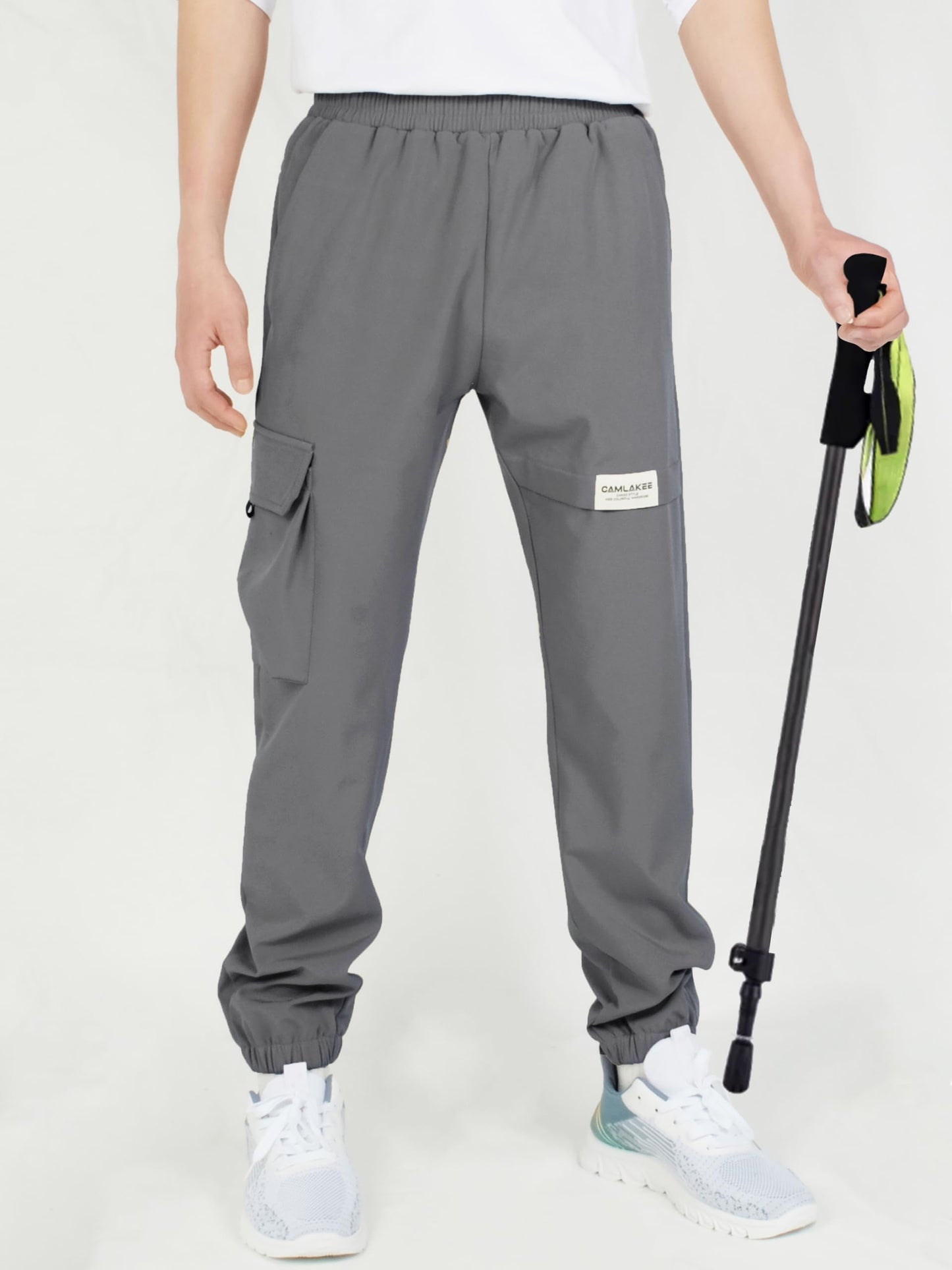 CAMLAKEE Kids Softhell Hiking Trousers Boys Waterproof Outdoor Cargo Pants Walking Jogging Bottoms with Elastic Waist Grey UK:6-7 Years (manufacturers's size: 130)