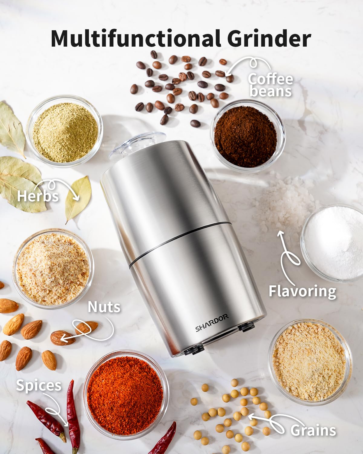 - SHARDOR Coffee Grinder | All Stainless Steel Body & Blades Spice Grinder -