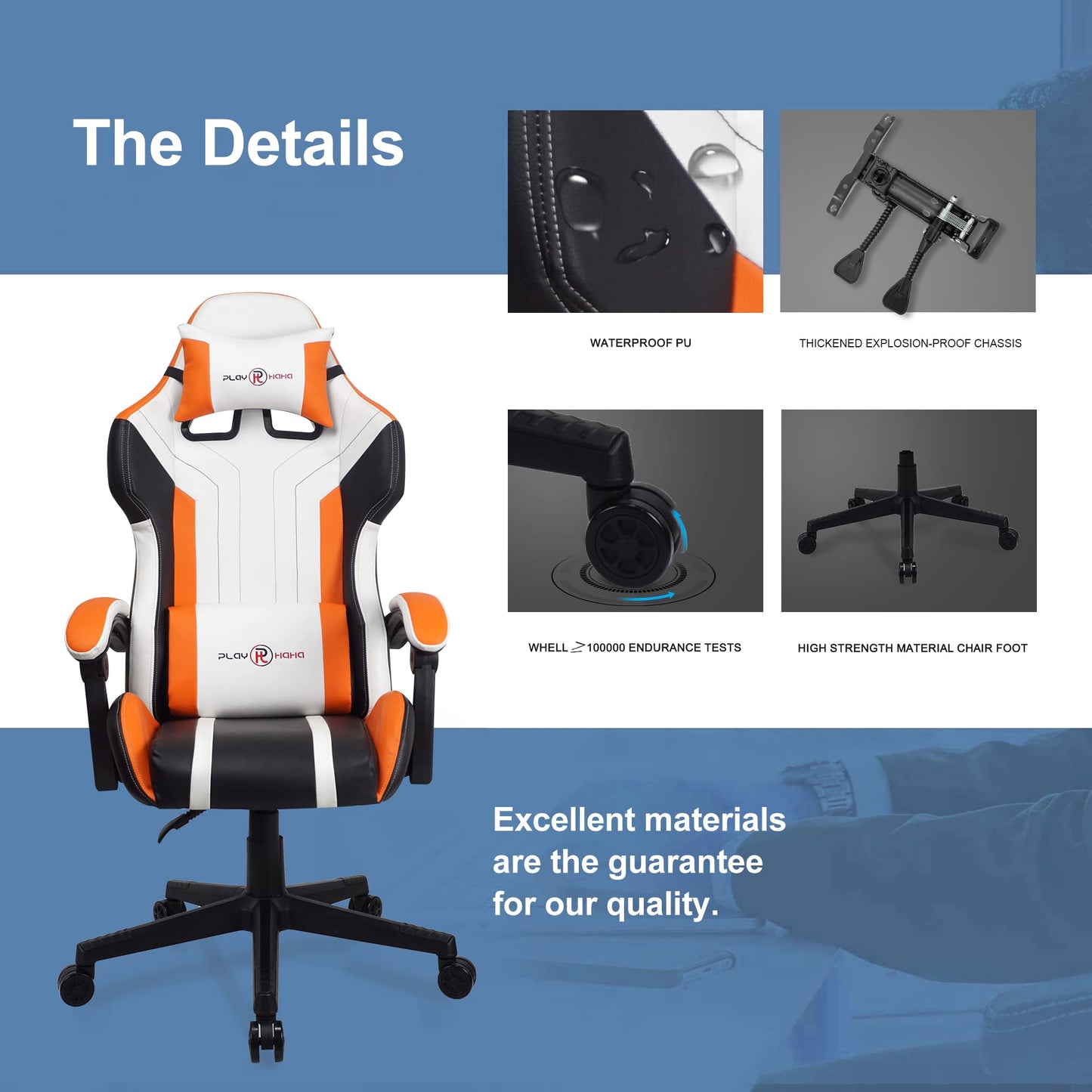 - T-THREE | Ergonomic Leather Gaming Chair | Height Adjustable with Headrest and Lumbar Support | Orange -