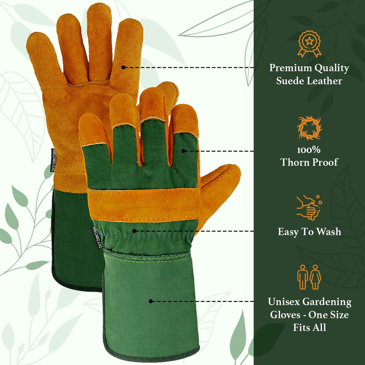 - DIY Doctor - 1x Pair Unisex Leather Heavy Duty Gardening Gloves | Leather Work Gloves -
