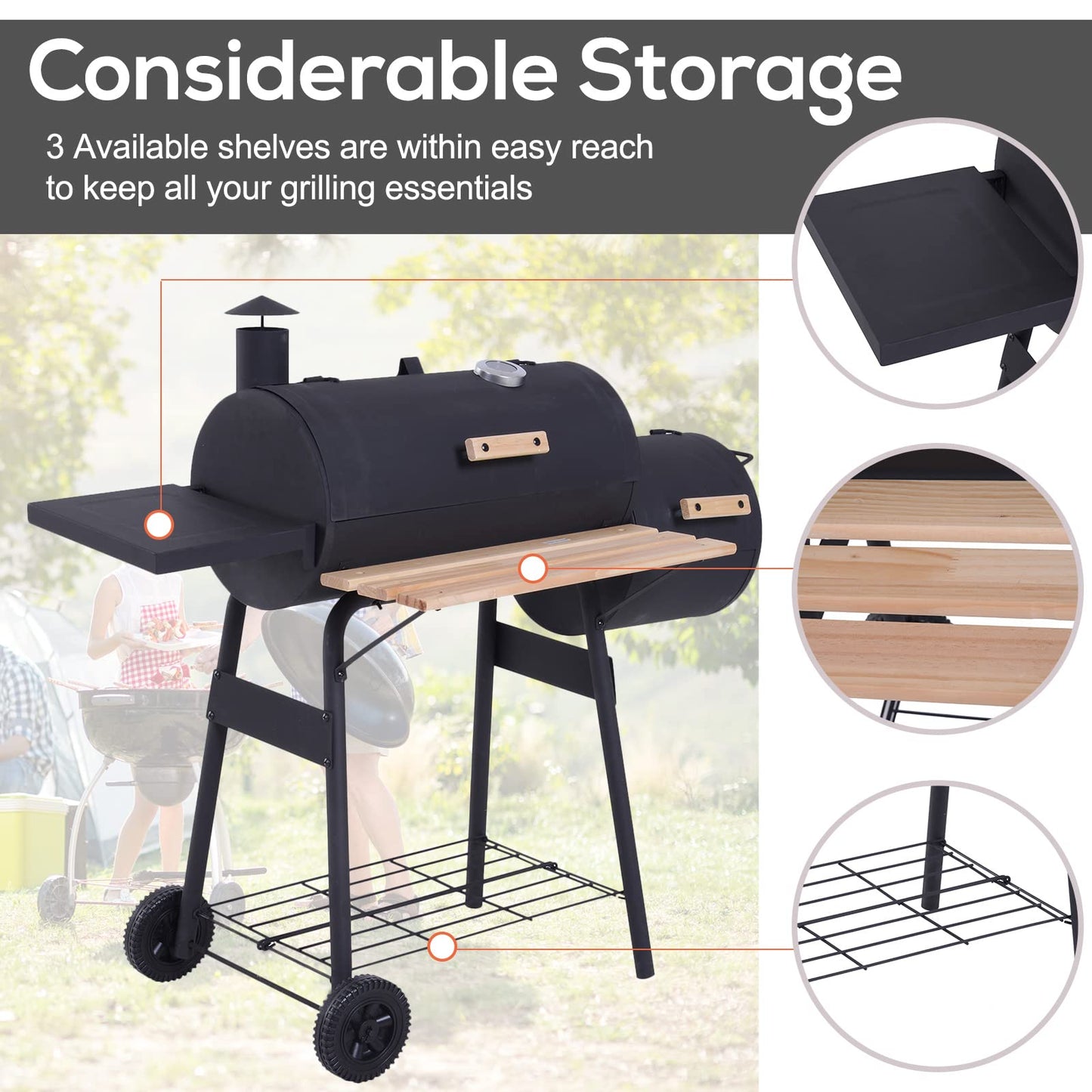 - Outsunny Charcoal Barbecue Grill | Offset Smoker | Barrel BBQ Trolley | 3 Storage Shelves -
