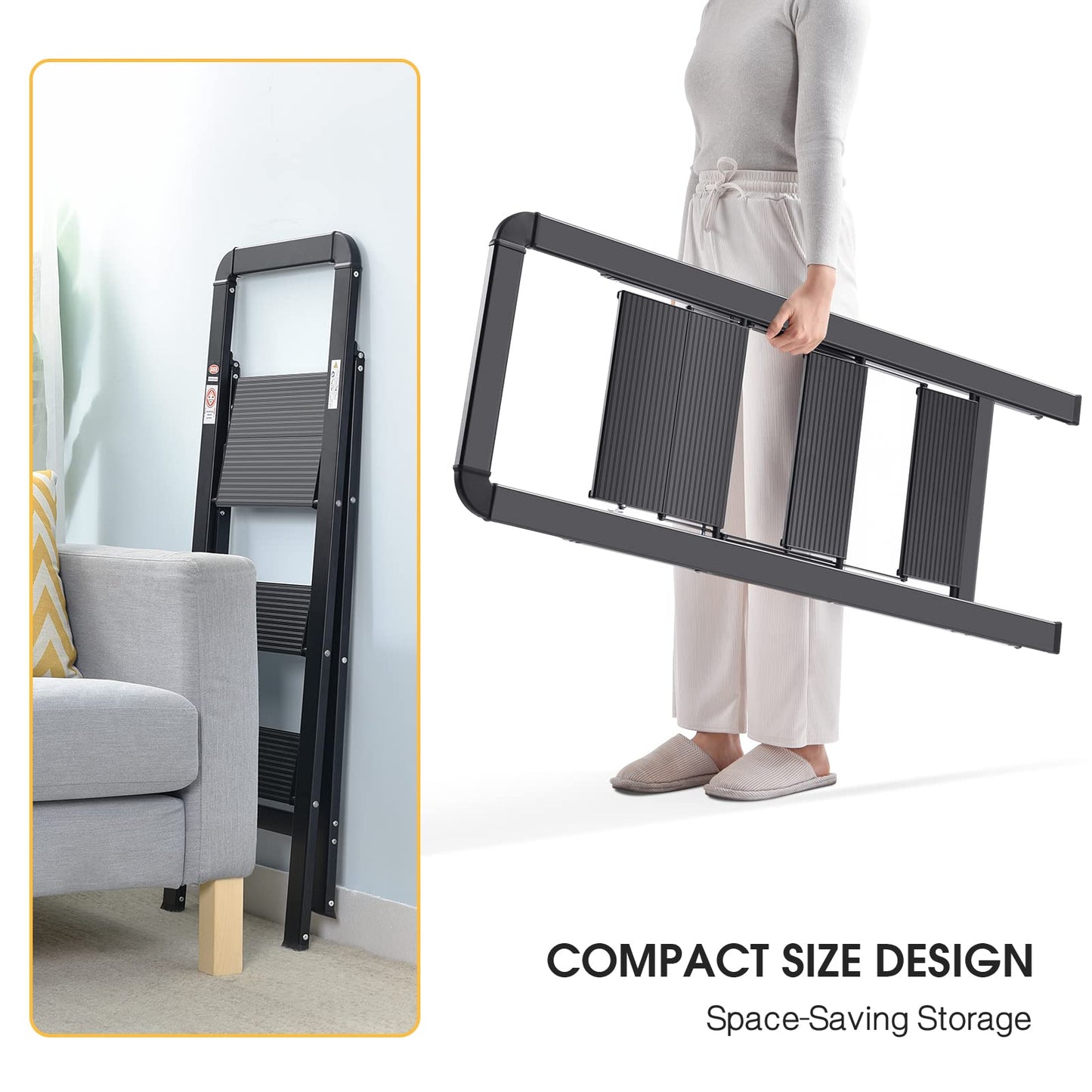 - KINGRACK 3 Step Ladder With Handrail | Non-Slip Household Ladder With Folding Safety -