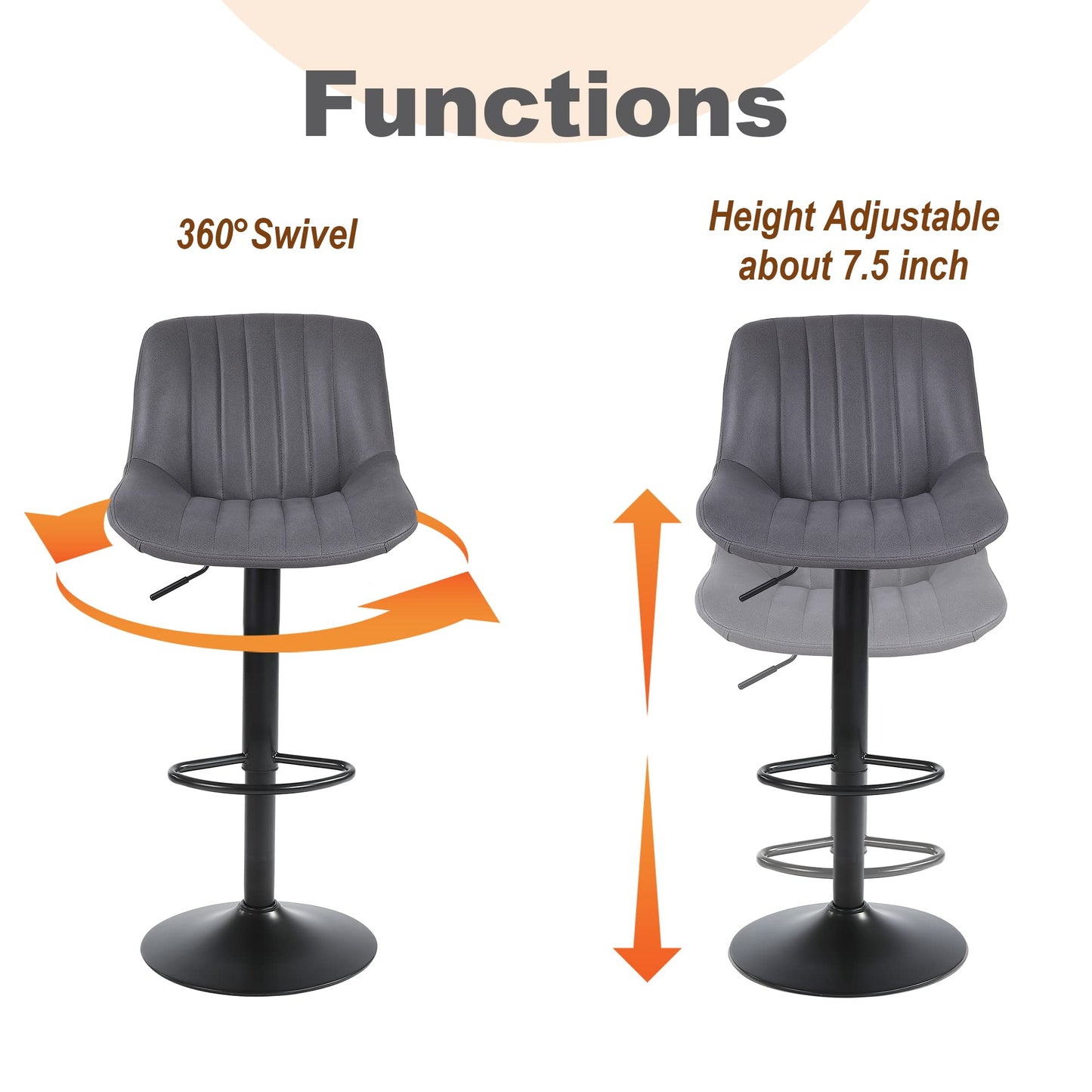 - Youhauchair Bar Stools Set of 2, Swivel Counter Height Barstools with Back, Adjustable PU Leather Bar Stool, Modern Kitchen Breakfast Bar Stools, Dark Grey