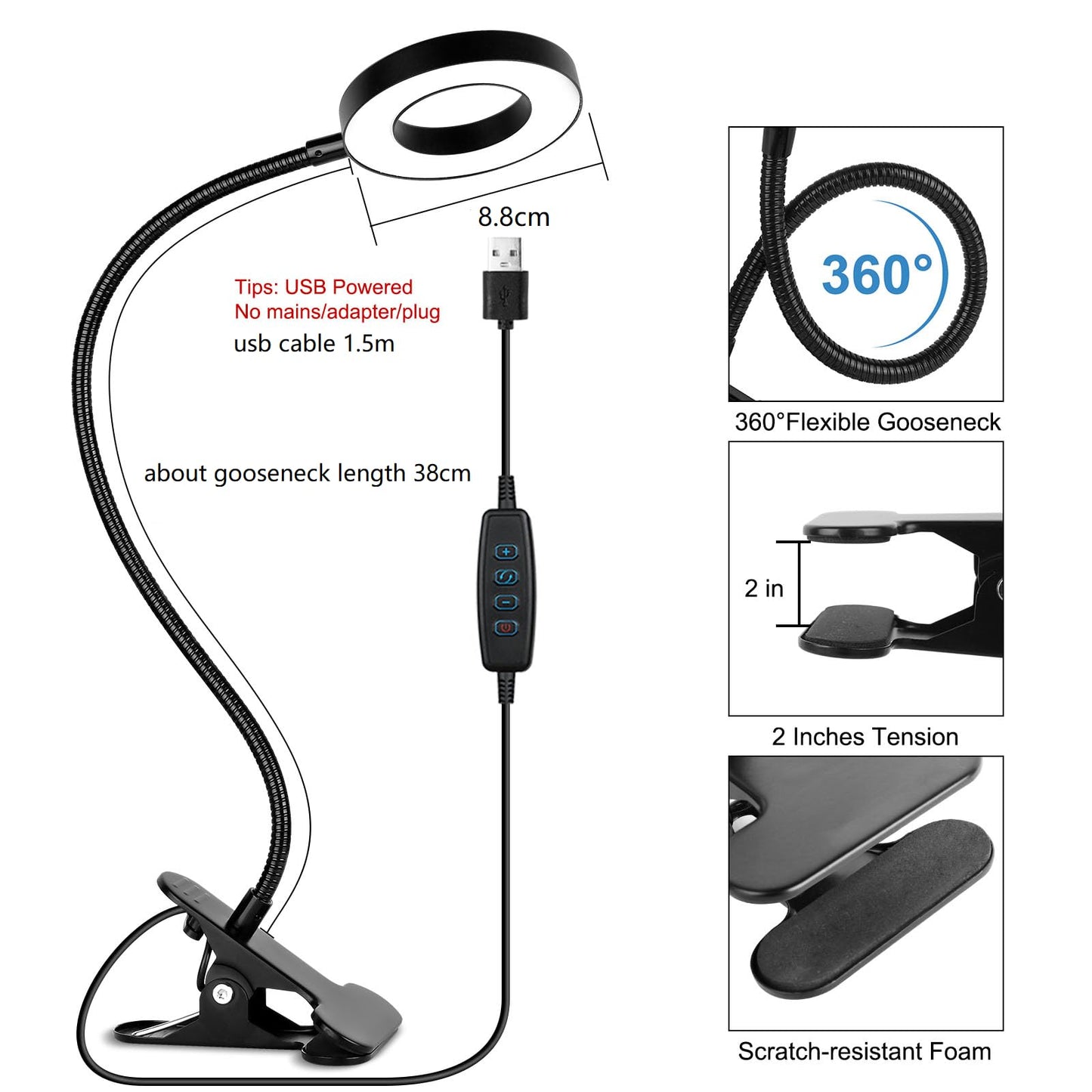 - Woputne Desk Lamp Clip Light, 10 Dimmable Brightness 3 Light Modes Reading Light