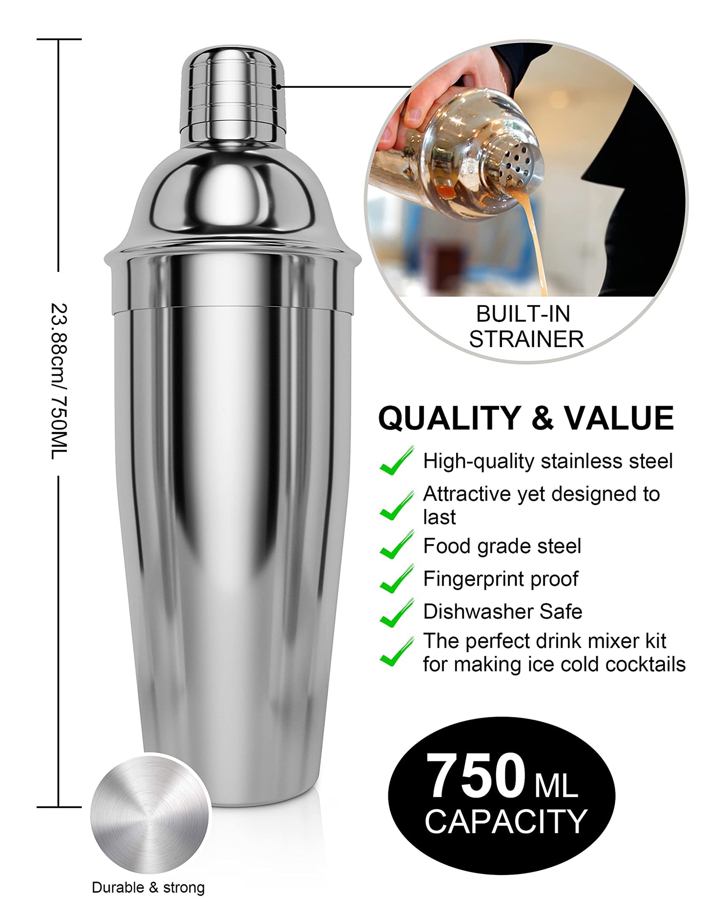 Bokhot 750ml Bartender Kit, 14PCS Cocktail Making Set Stainless Steel Cocktail Shaker Set with Rotating Stand,Shaker Tins, Jigger, Spoon, Pourers, Strainer,Tongs,Bottle Stoppers,Opener, Recipes(Black)