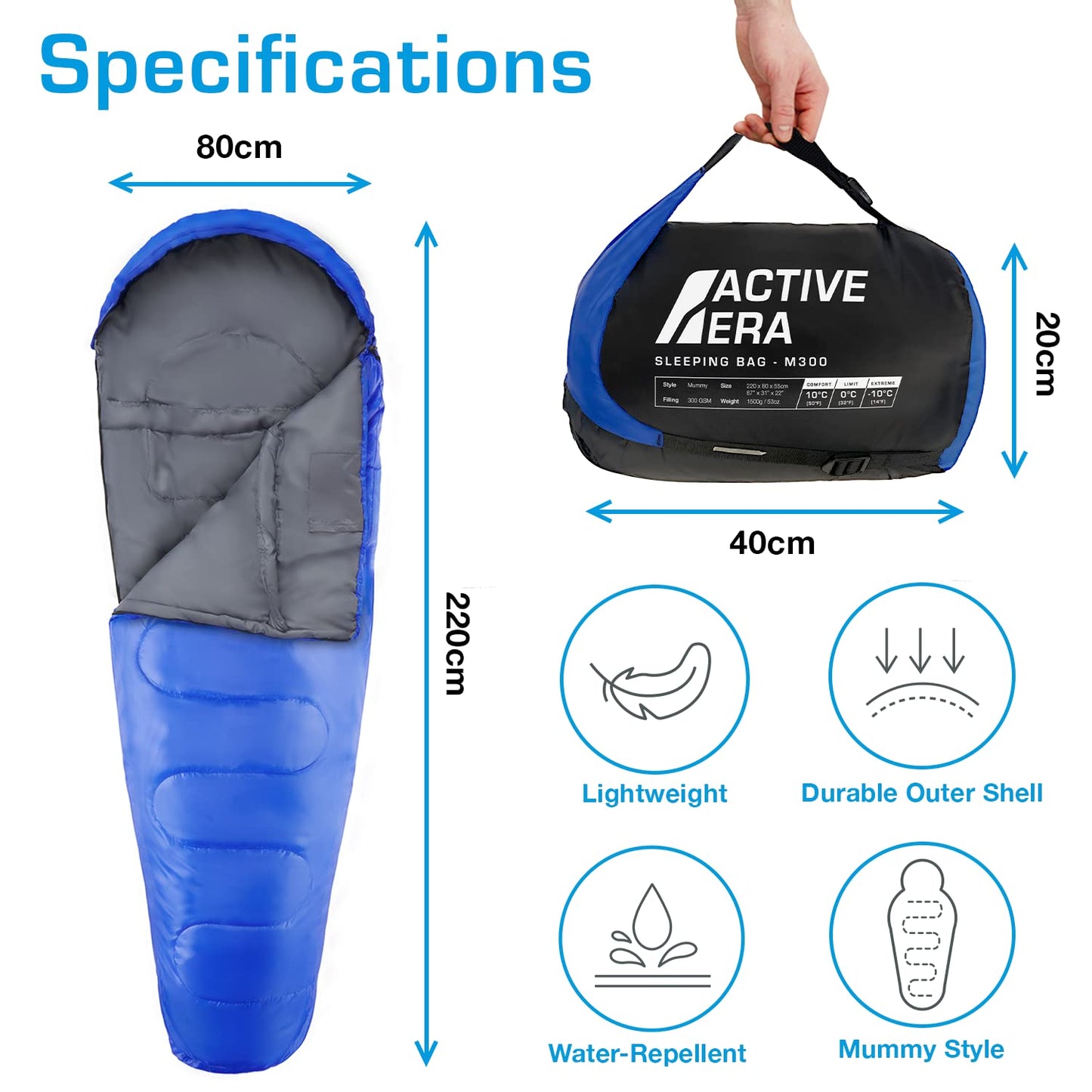 Active Era Professional 300 Warm Mummy Sleeping Bag - 300 GSM Double Layer Filling - 3-4 Season for Camping, Hiking, Outdoors