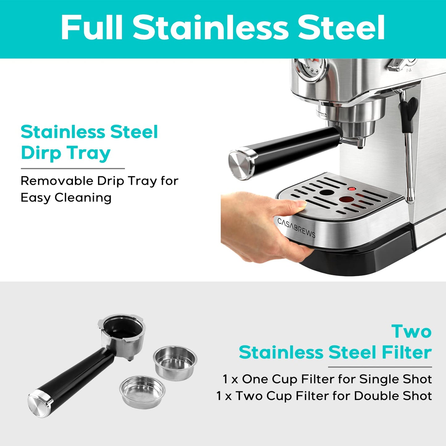 CASABREWS Espresso Machine 20 Bar, Stainless Steel Espresso Coffee Machine with Milk Frother Steam Wand, Barista Coffee Maker with 1L Removable Water Tank for Cappuccino, Latte, Gift for Her or Him