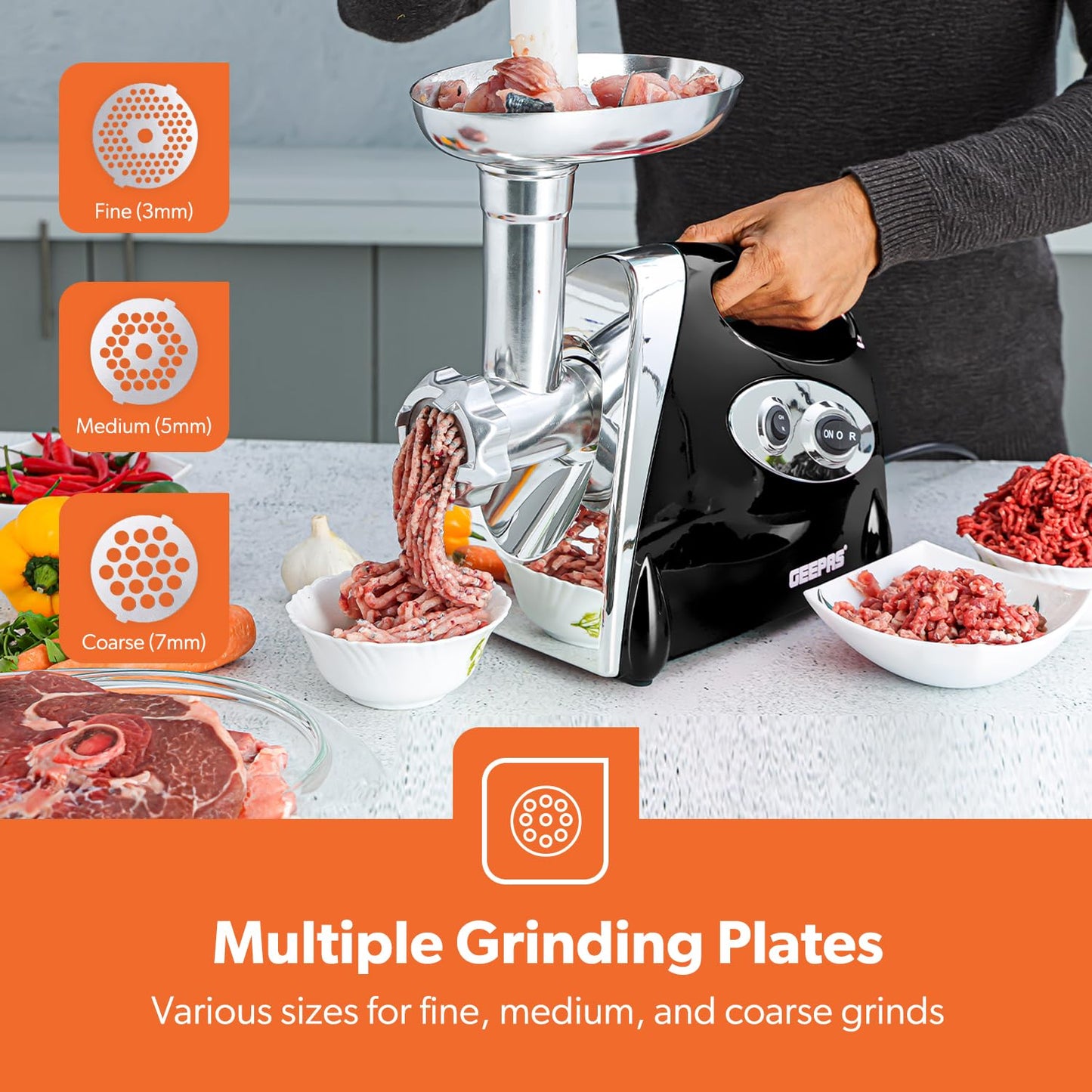 - Geepas Electric Meat Grinder | Stainless Steel Meat Mincer & Sausage Stuffer -