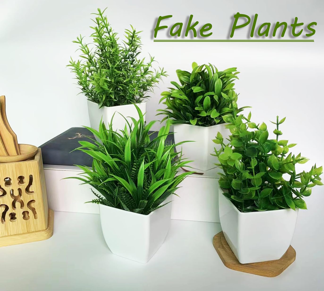 Canirologas Artificial Plants Indoor,Small Fake Simulation Plants,Faux Plastic Potted Plants,Creative Decorative Ornaments For Decoration、Bookcase、Balcony、Office、Bathroom(4PCS White)